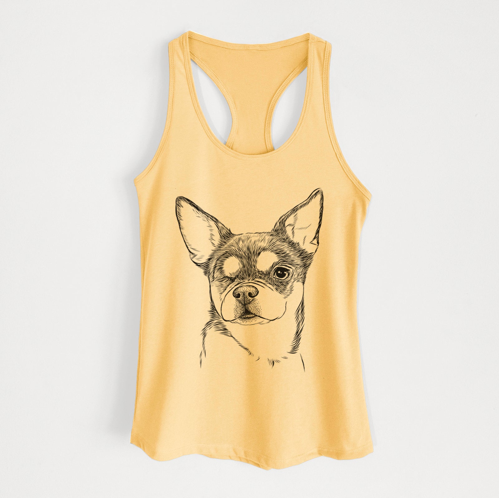 Hand-drawn sketch of Paris the Chihuahua on a Banana Cream Women's racerback tanktop