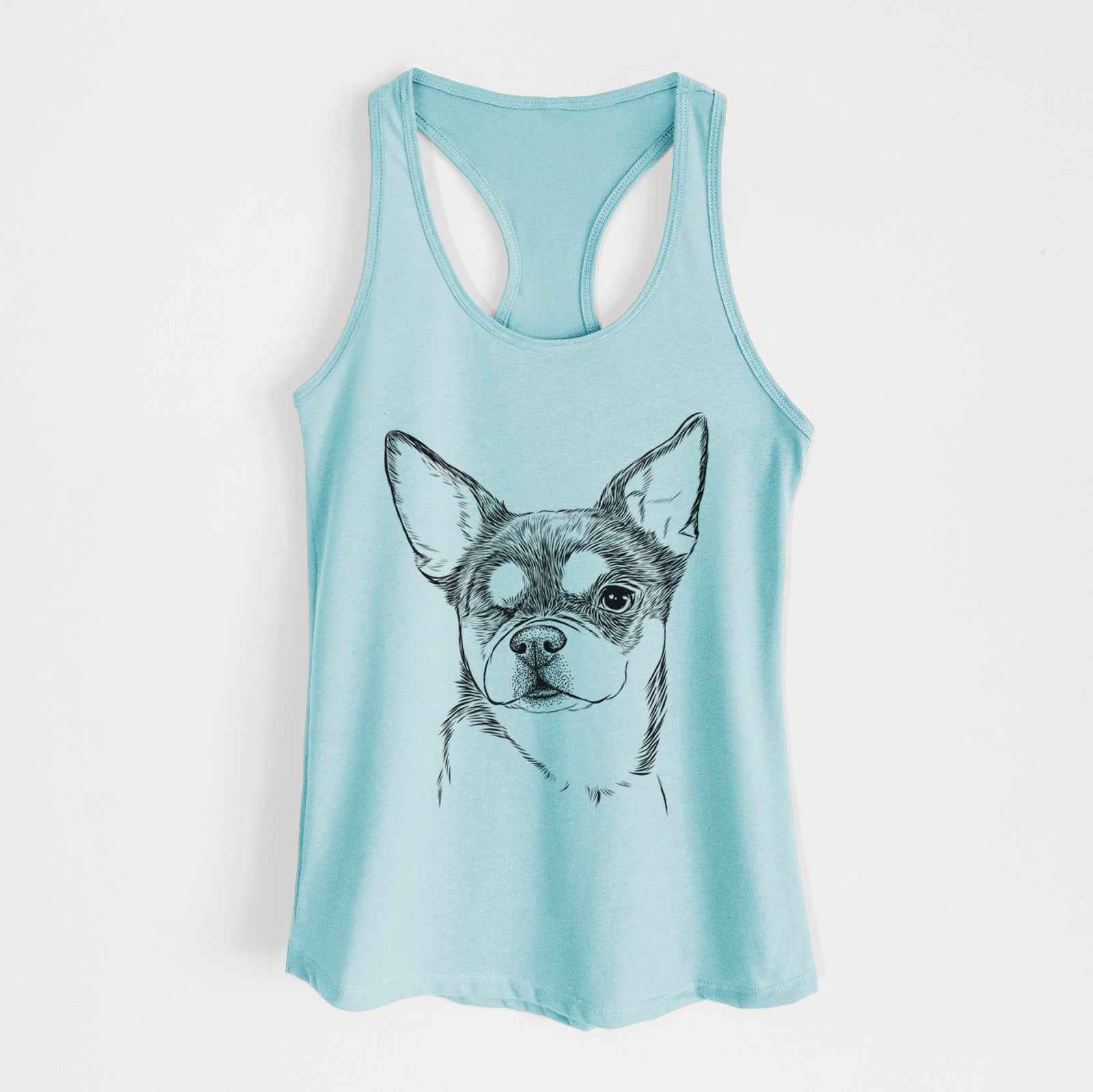 Hand-drawn sketch of Paris the Chihuahua on a Cancun Blue Women's racerback tanktop