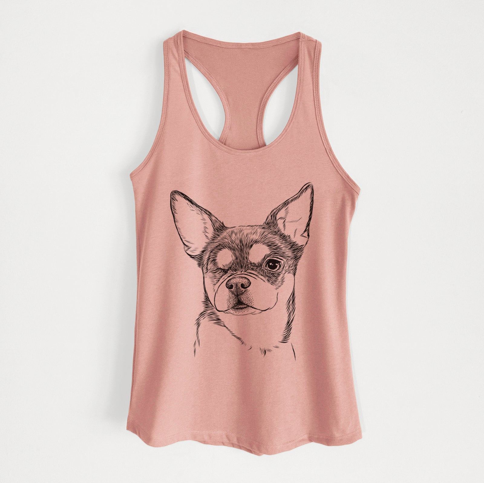 Hand-drawn sketch of Paris the Chihuahua on a Desert Pink Women's racerback tanktop