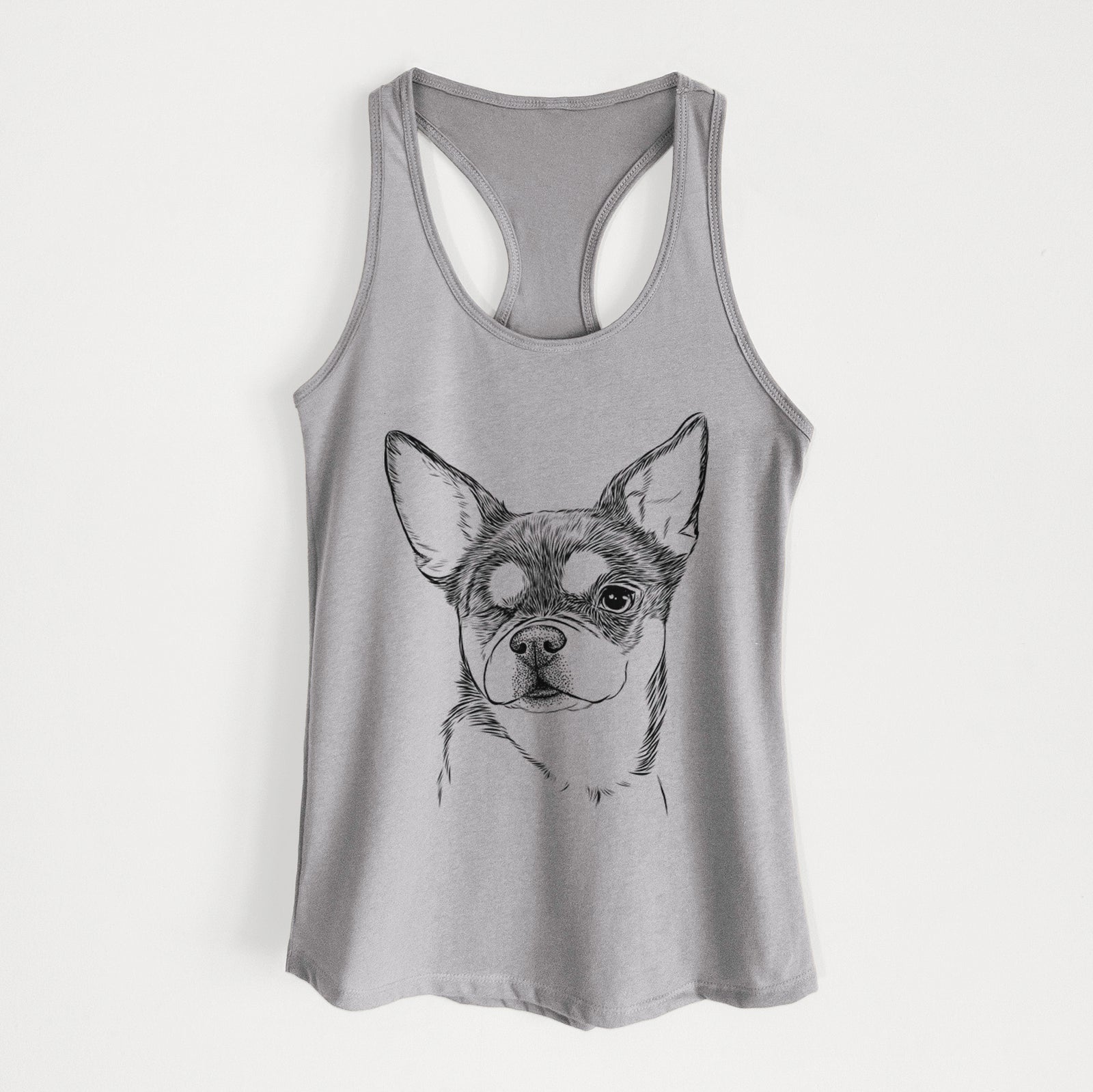 Hand-drawn sketch of Paris the Chihuahua on a Heather Grey Women's racerback tanktop