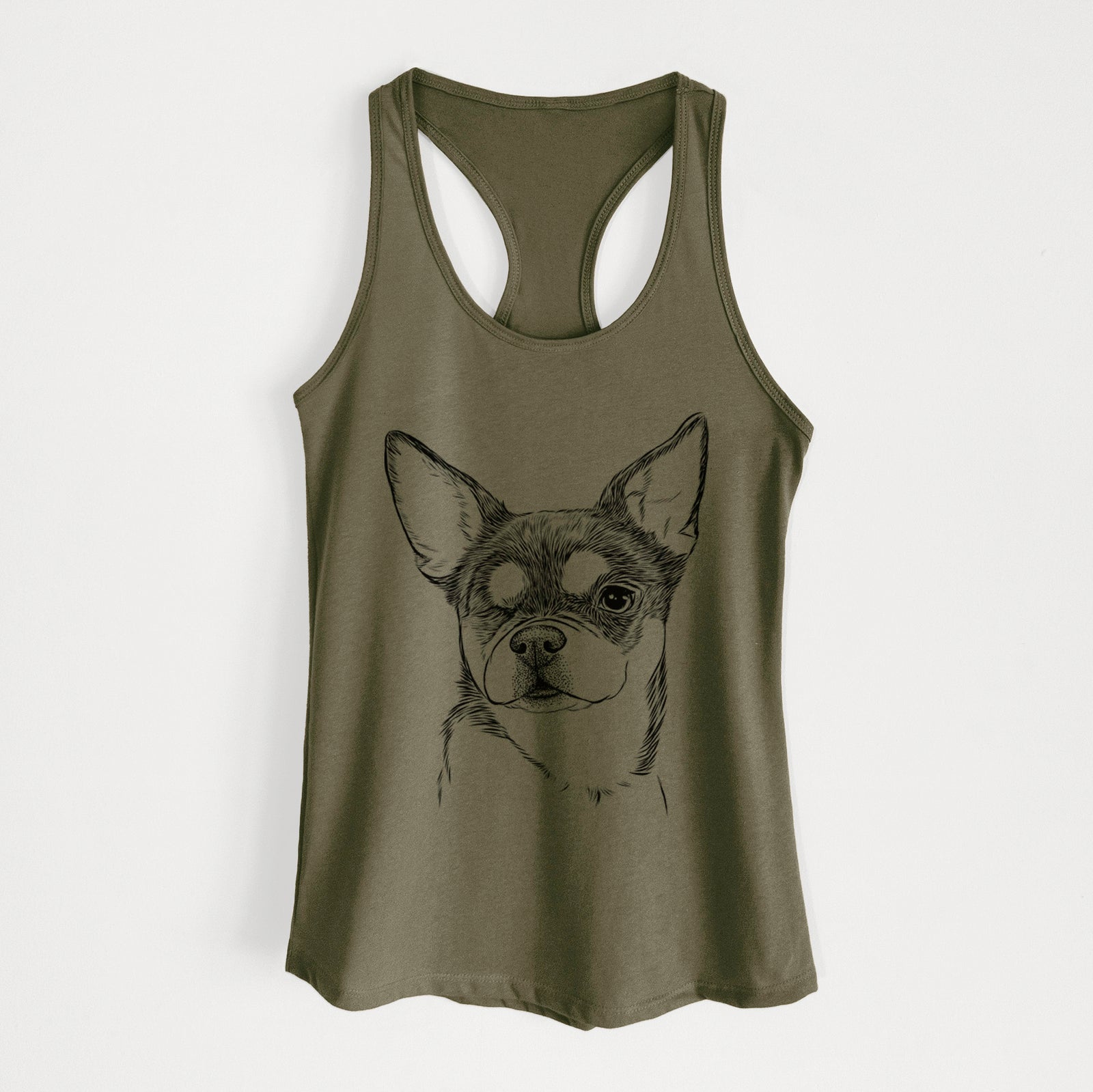 Hand-drawn sketch of Paris the Chihuahua on a Military Green Women's racerback tanktop