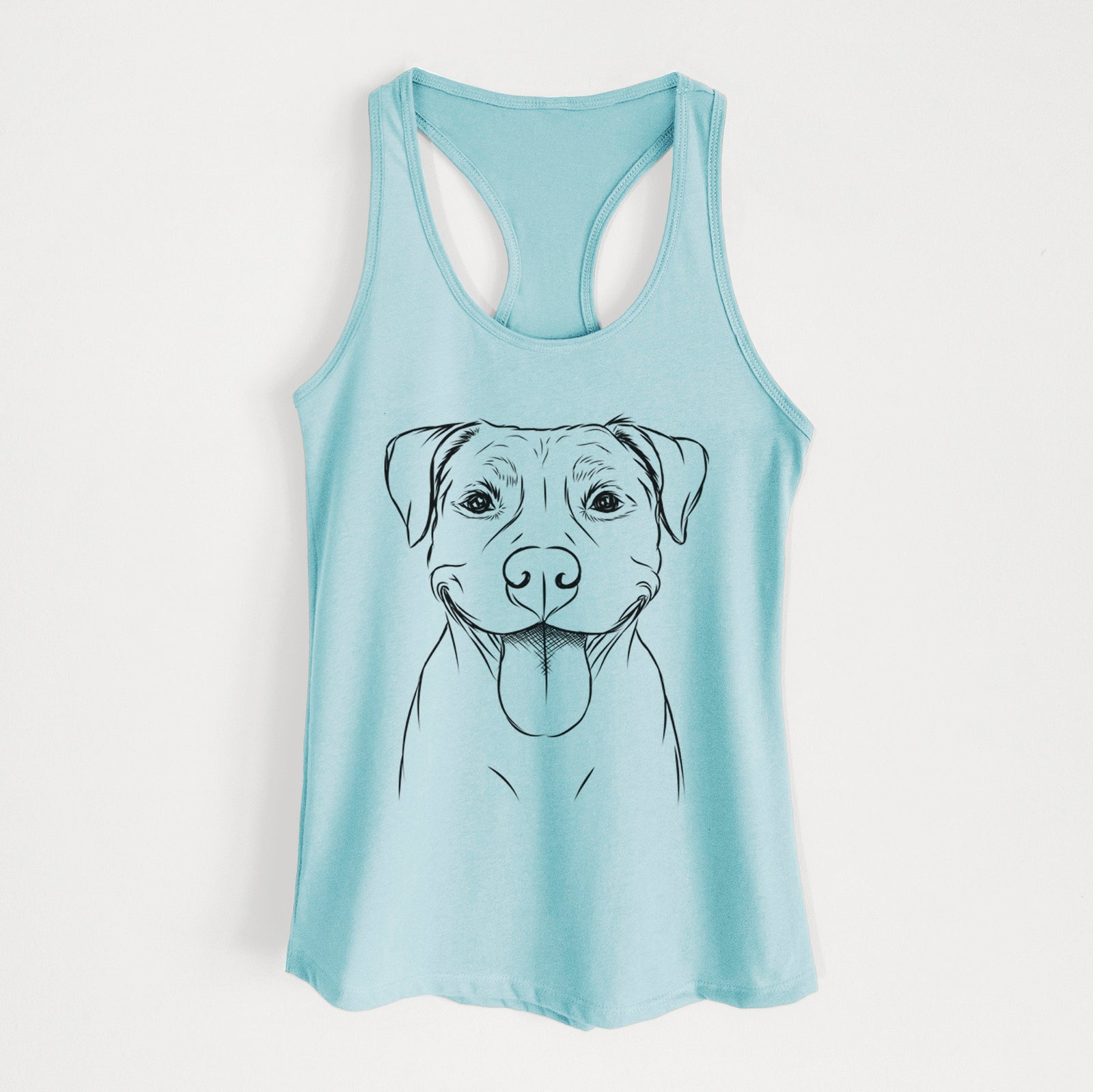 Hand-drawn sketch of Parker the Pitbull on a Cancun Blue Women's racerback tanktop