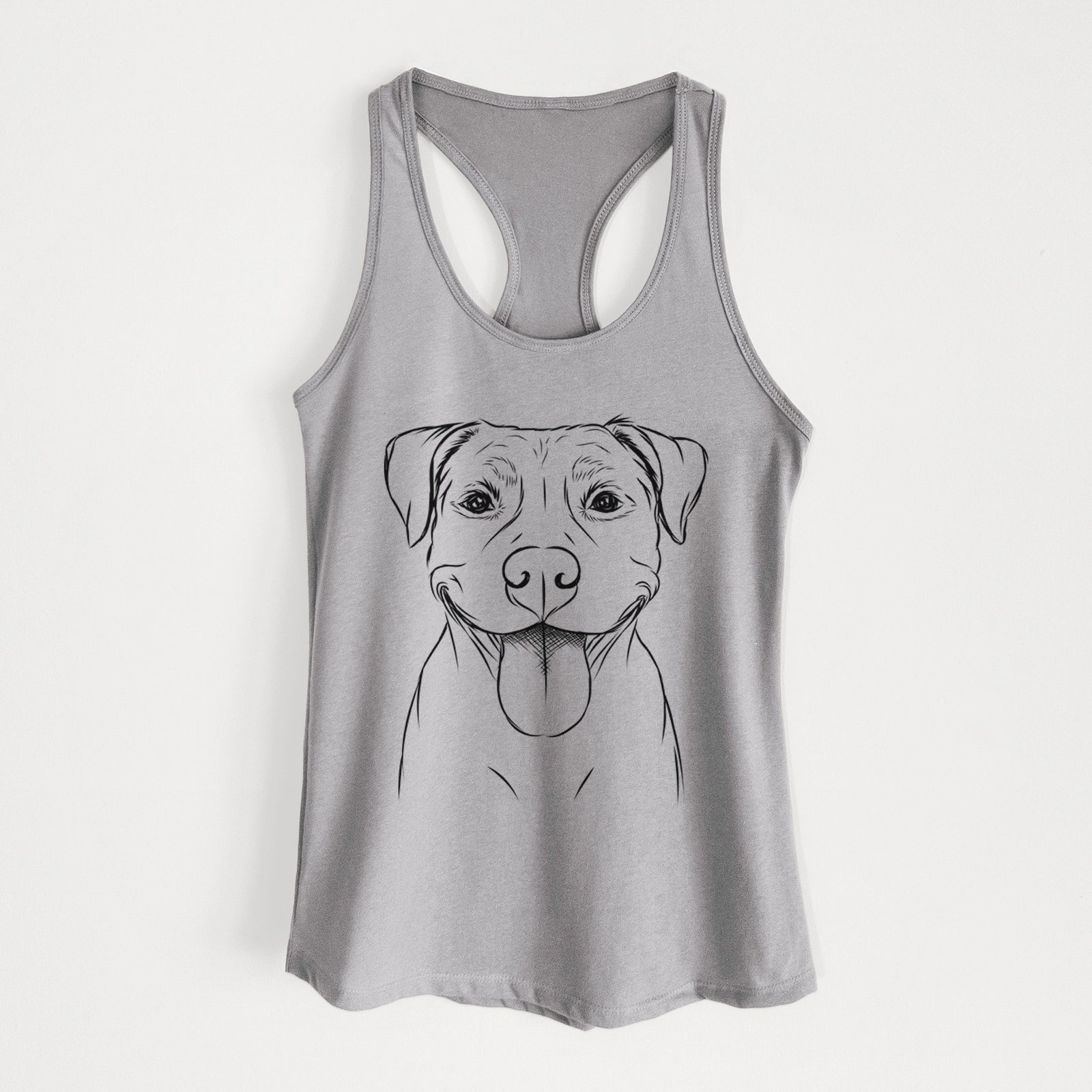 Hand-drawn sketch of Parker the Pitbull on a Heather Grey Women's racerback tanktop