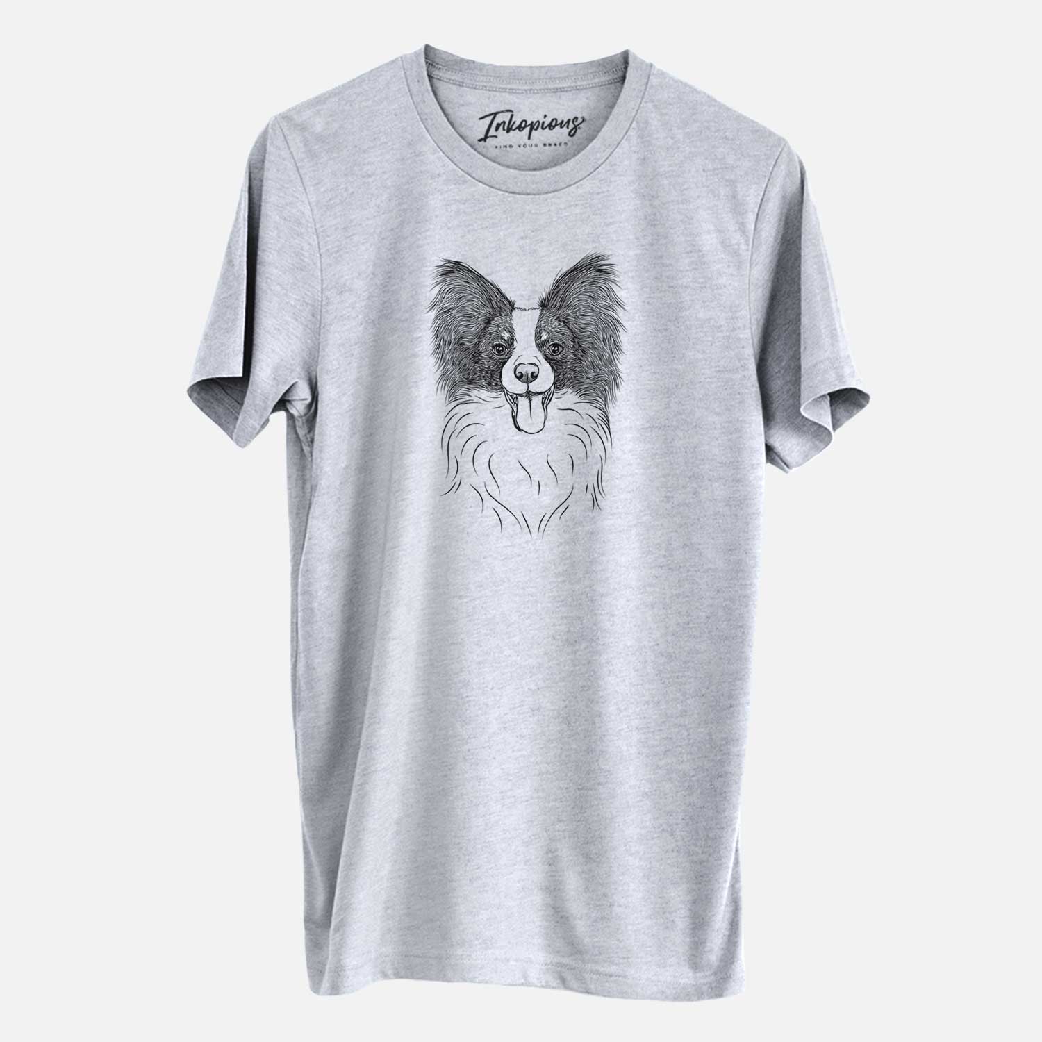 Hand-drawn sketch of Patrick the Papillon on a Grey Unisex crewneck