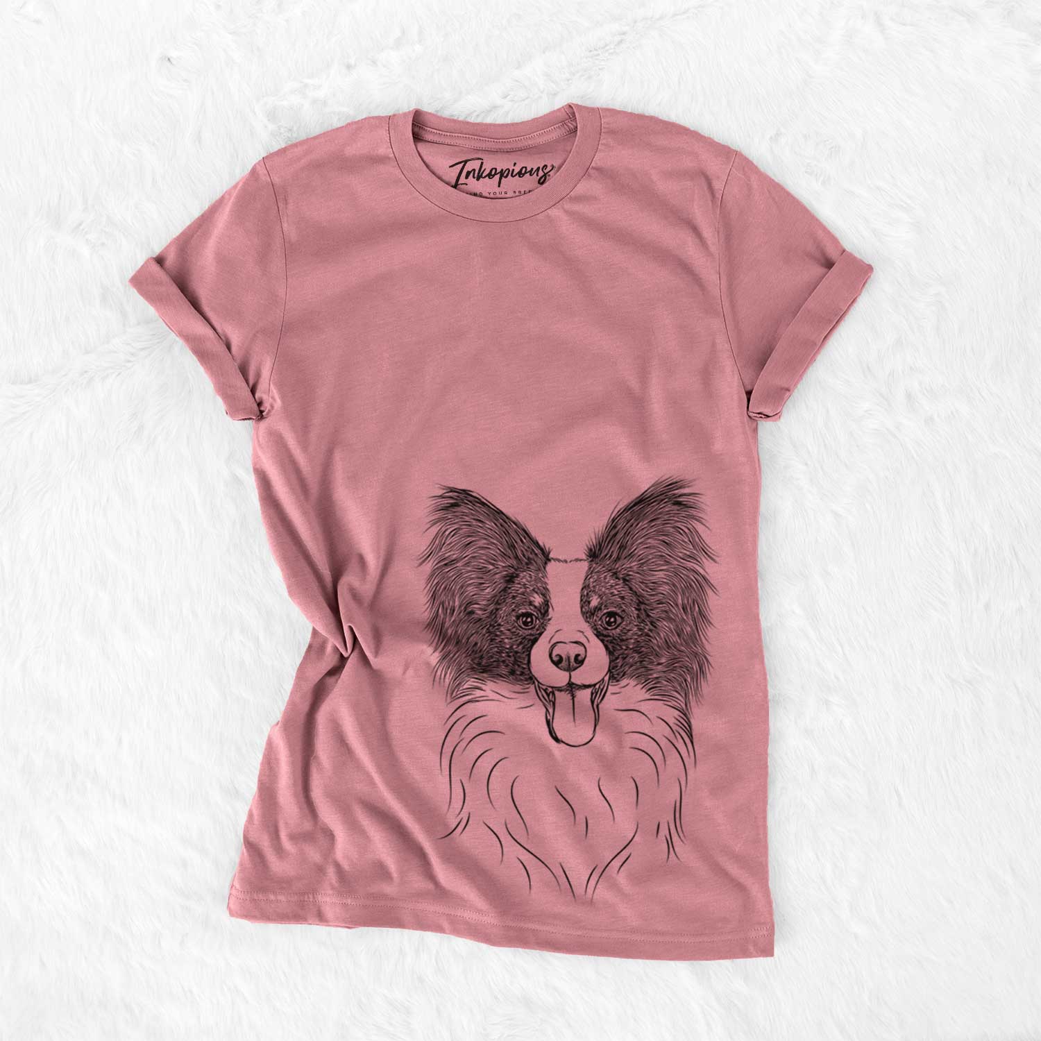 Hand-drawn sketch of Patrick the Papillon on a Mauve Unisex crewneck