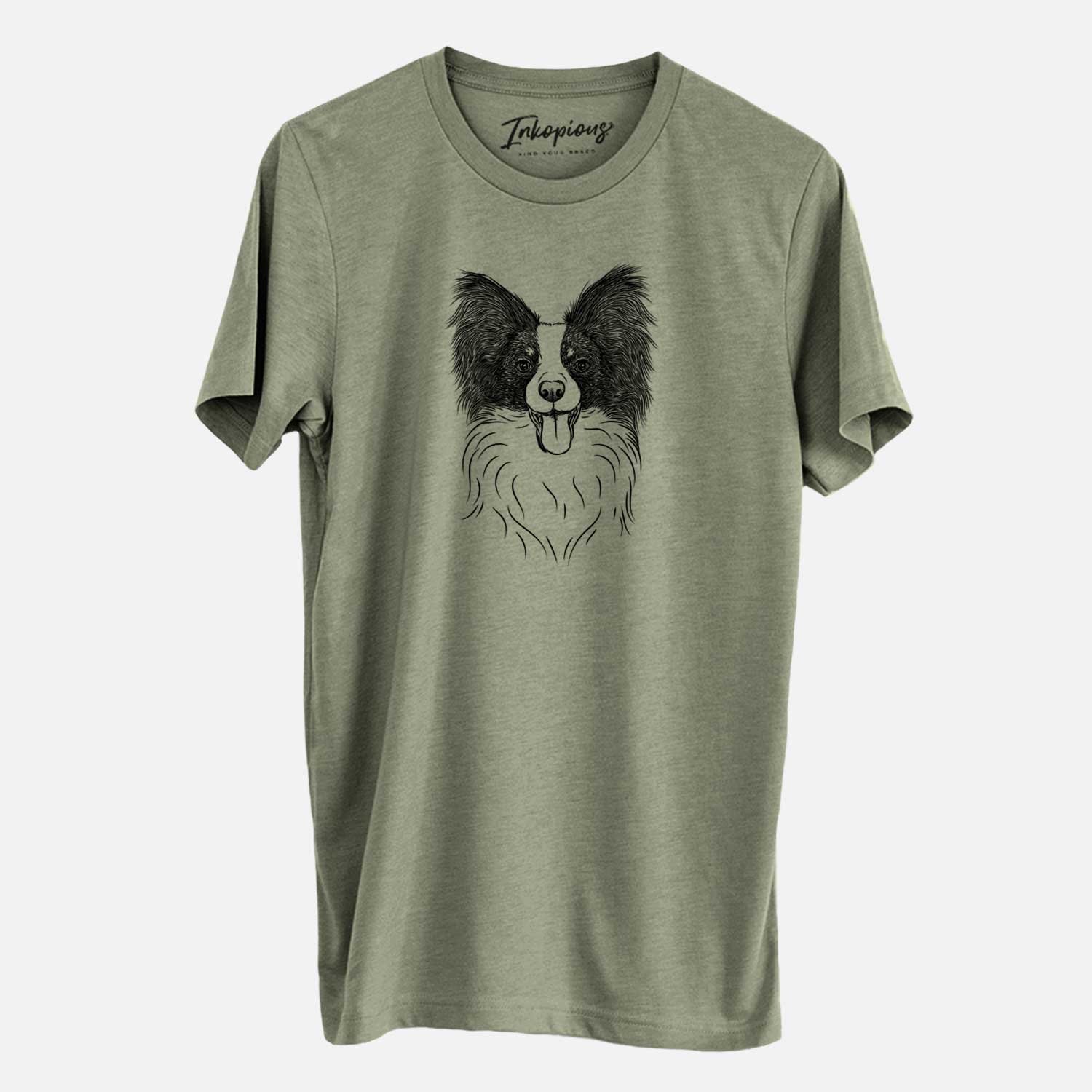 Hand-drawn sketch of Patrick the Papillon on an Olive Unisex crewneck