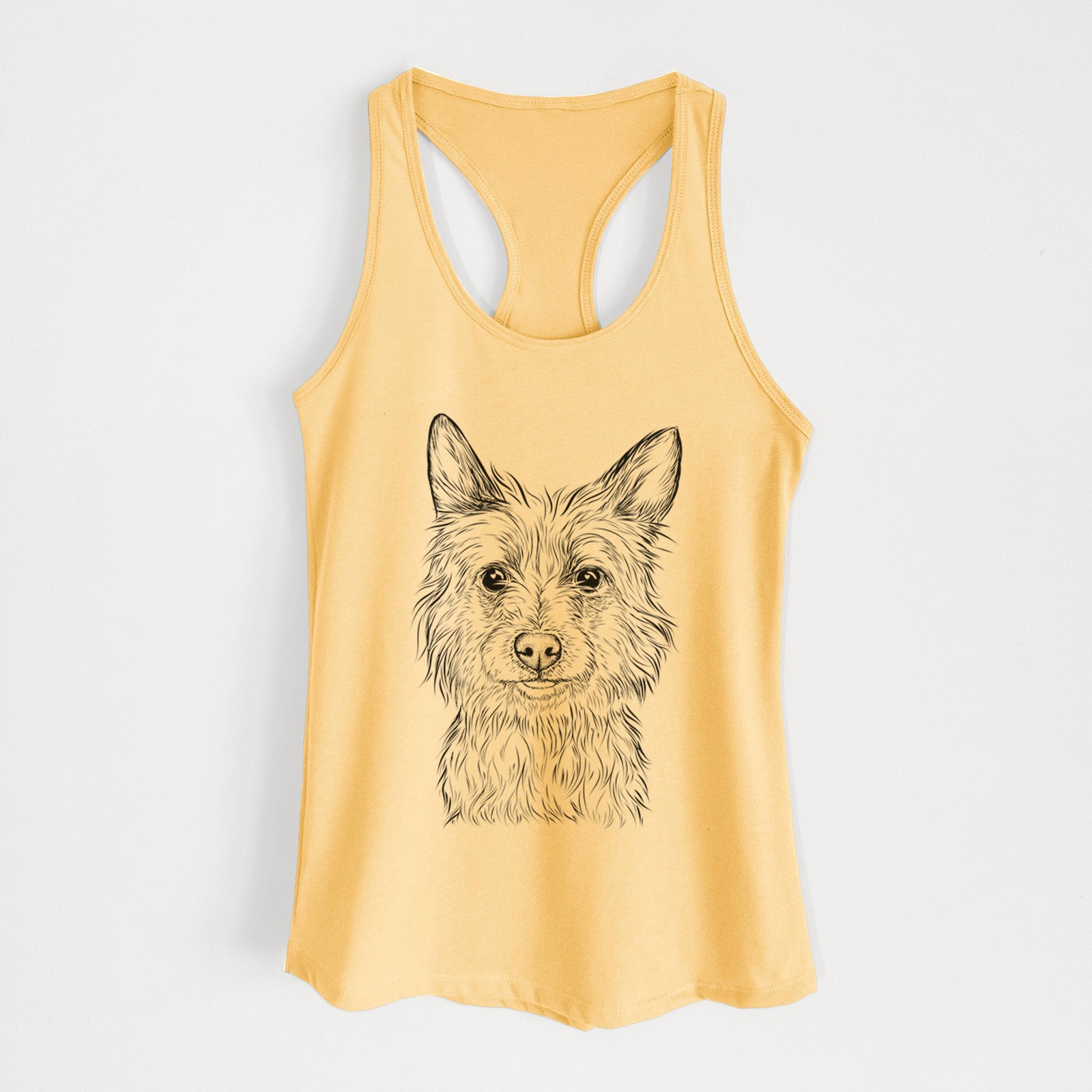 Hand-drawn sketch of Paulo the Portuguese Podengo on a Banana Cream Women's racerback tanktop