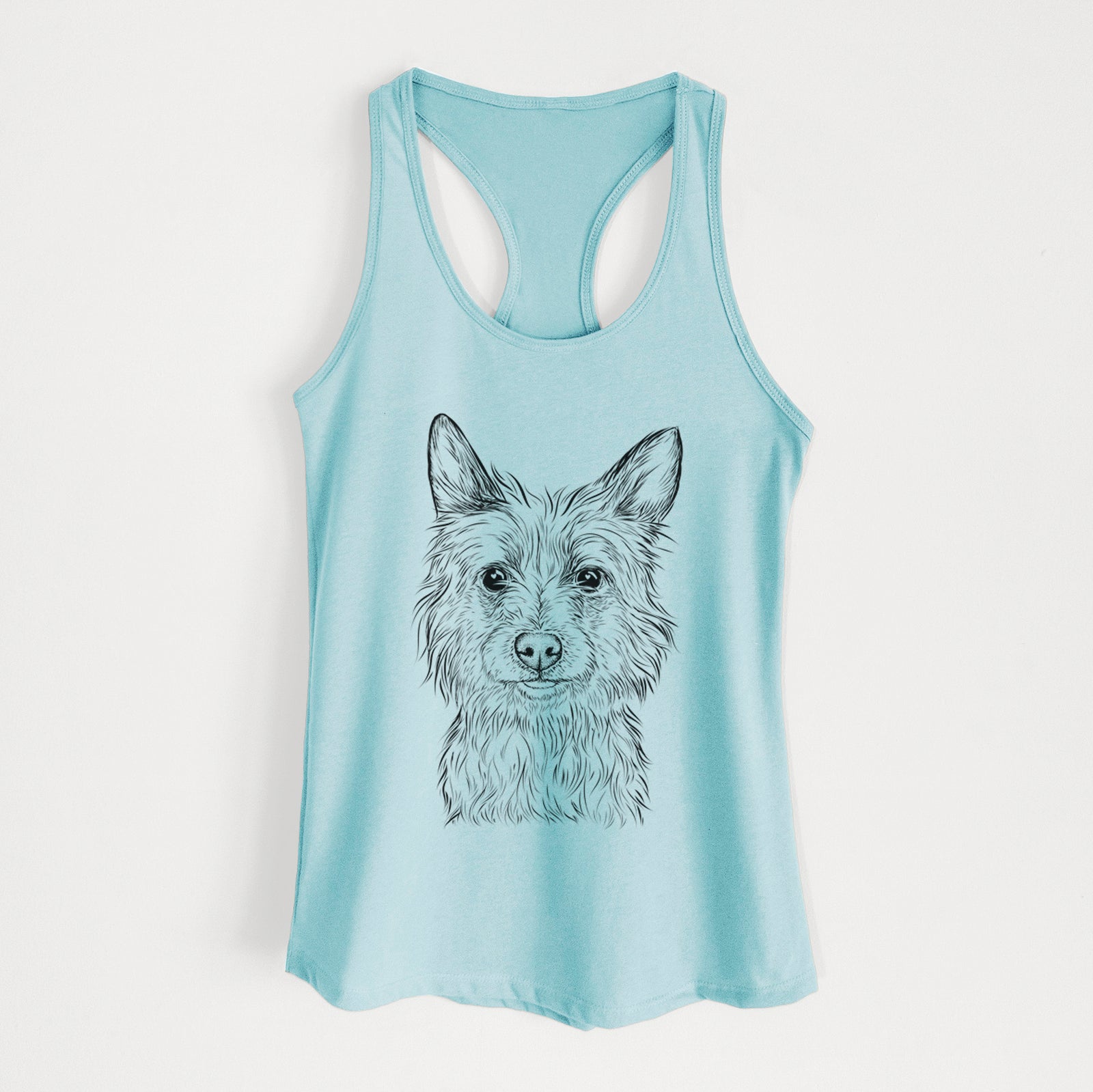 Hand-drawn sketch of Paulo the Portuguese Podengo on a Cancun Blue Women's racerback tanktop