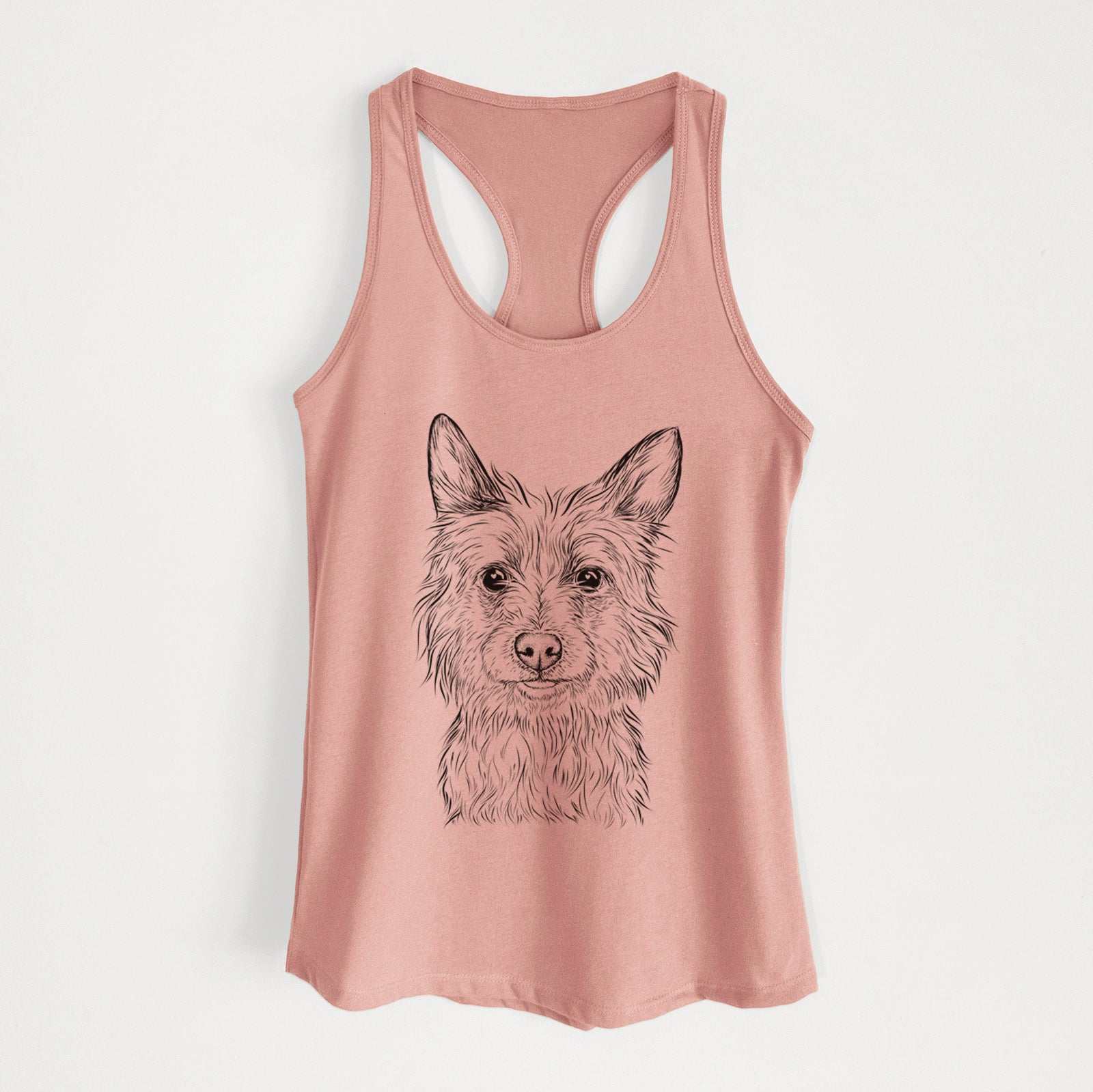 Hand-drawn sketch of Paulo the Portuguese Podengo on a Desert Pink Women's racerback tanktop