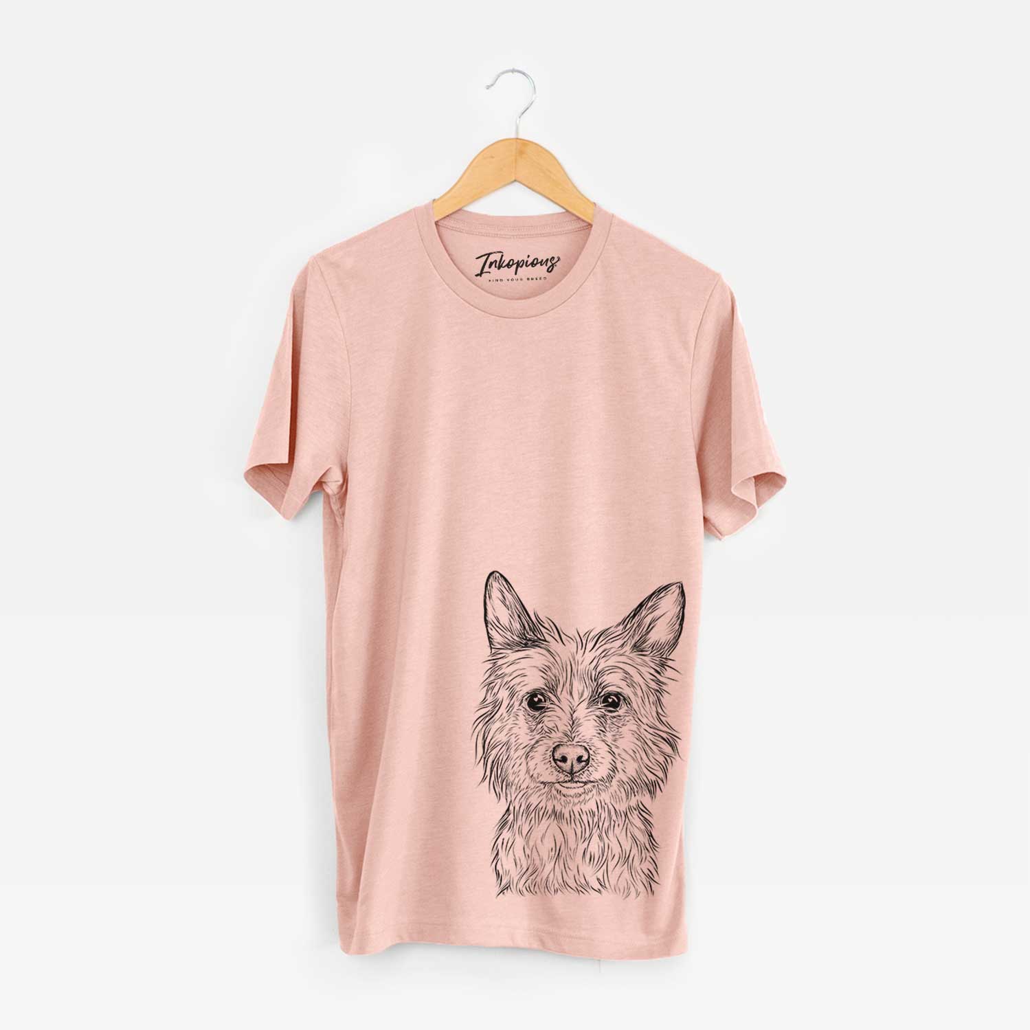 Hand-drawn sketch of Paulo the Portuguese Podengo on a Peach Bella Canvas Unisex Crewneck