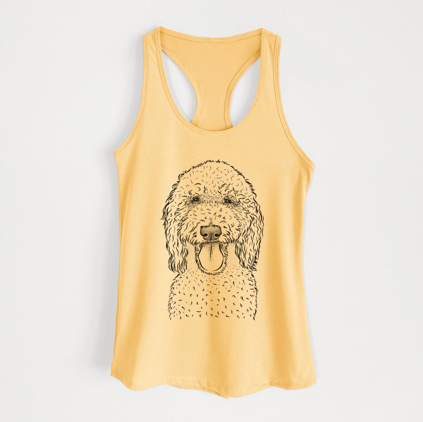 Hand-drawn sketch of Pavlov the Goldendoodle on a Banana Cream Women's racerback tanktop