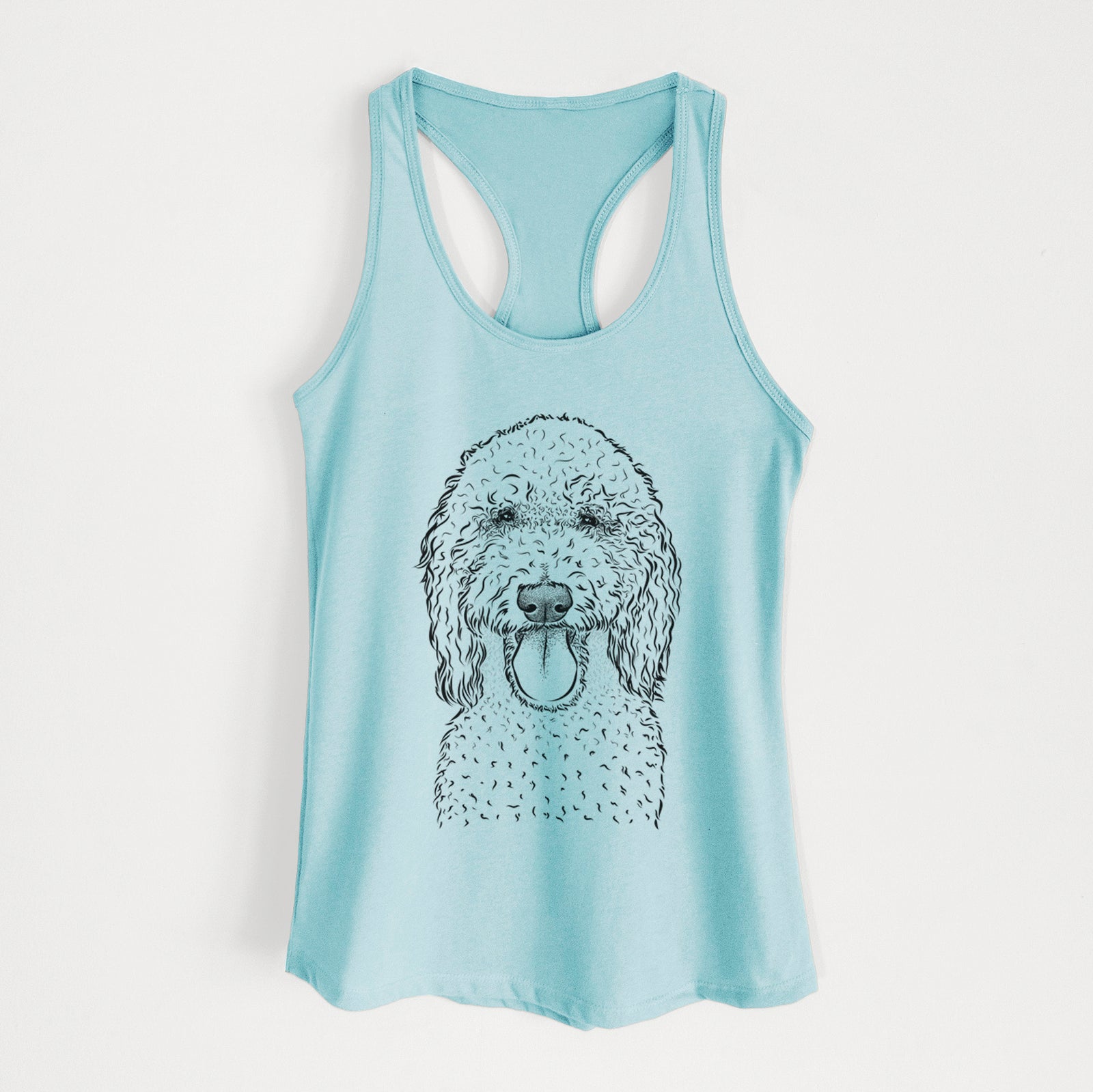 Hand-drawn sketch of Pavlov the Goldendoodle on a Cancun Blue Women's racerback tanktop