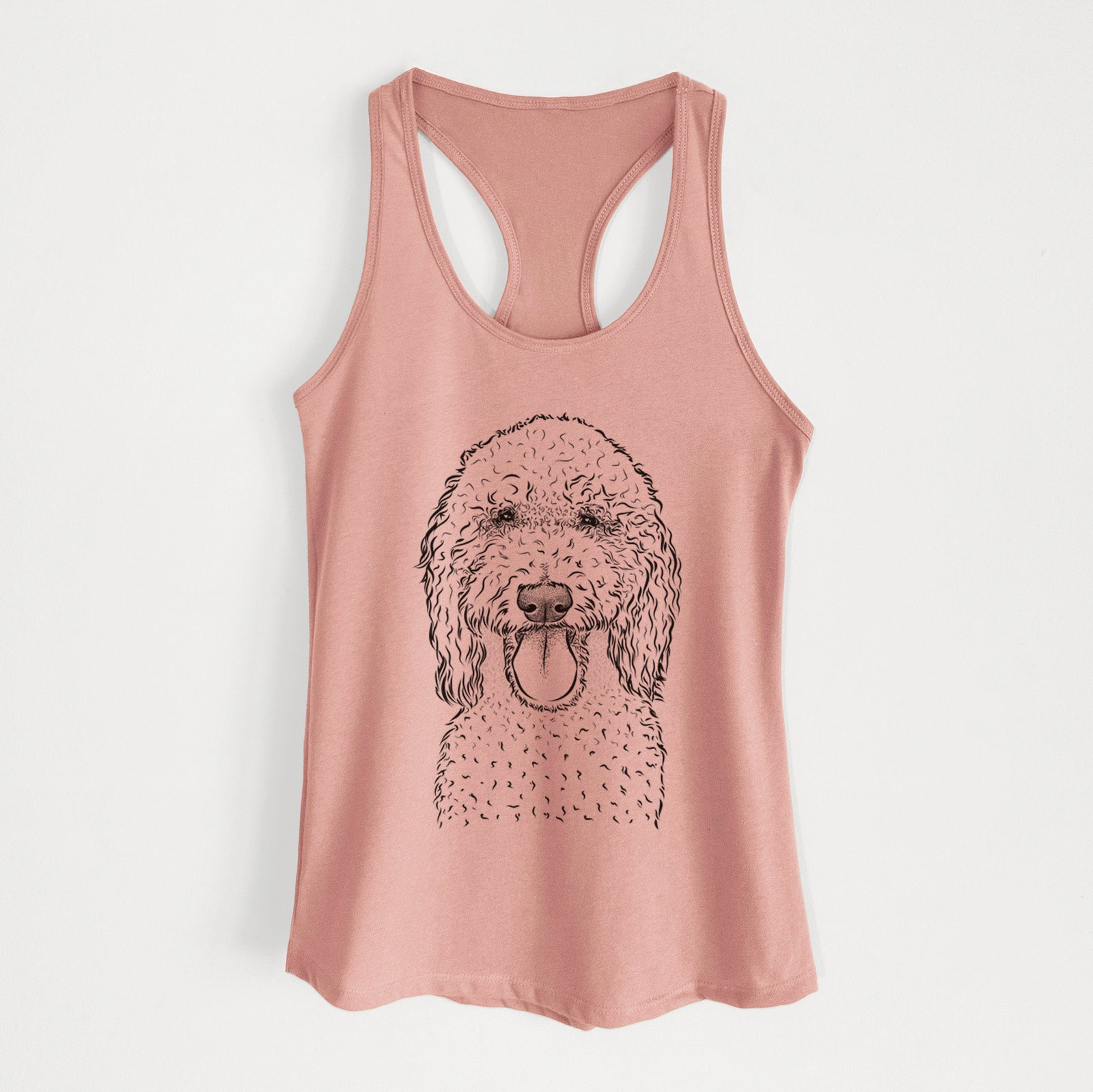 Hand-drawn sketch of Pavlov the Goldendoodle on a Desert Pink Women's racerback tanktop