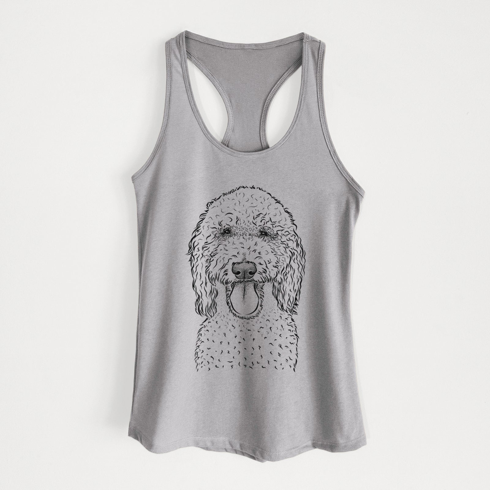 Hand-drawn sketch of Pavlov the Goldendoodle on a Heather Grey Women's racerback tanktop