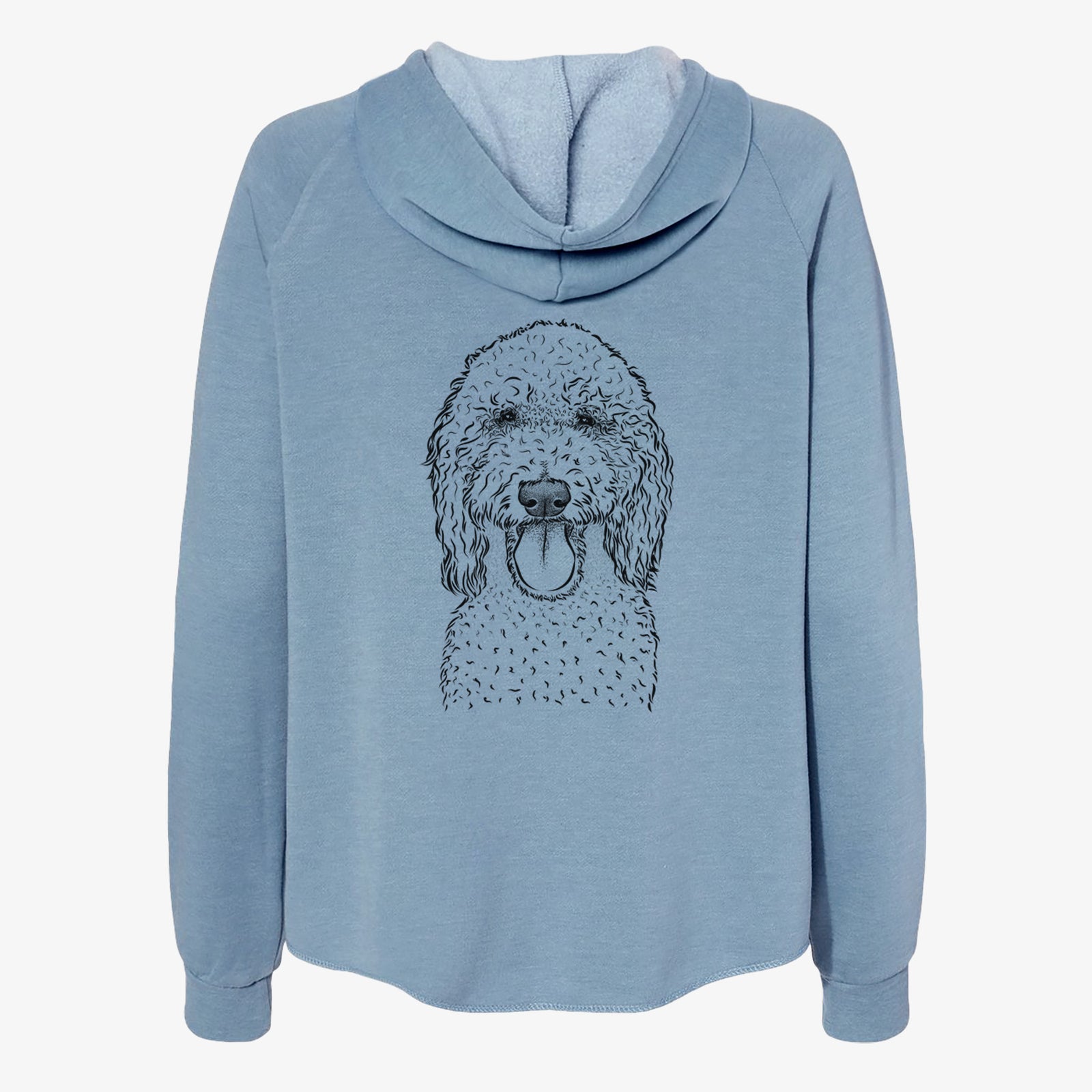 Hand-drawn sketch of Pavlov the Goldendoodle on a Misty Blue Women's cali wave zip-up sweatshirt