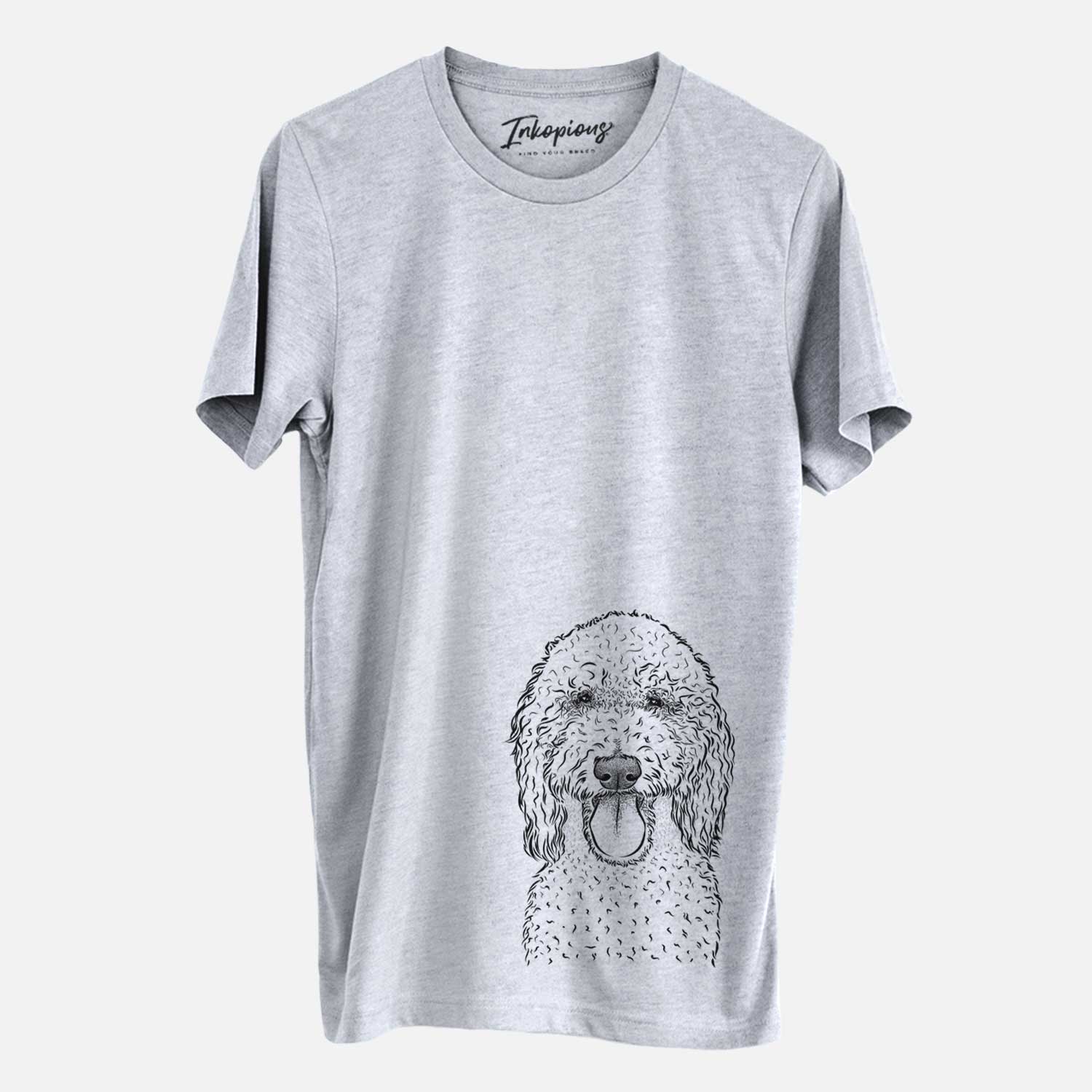 Hand-drawn sketch of Pavlov the Goldendoodle on a Grey Unisex crewneck