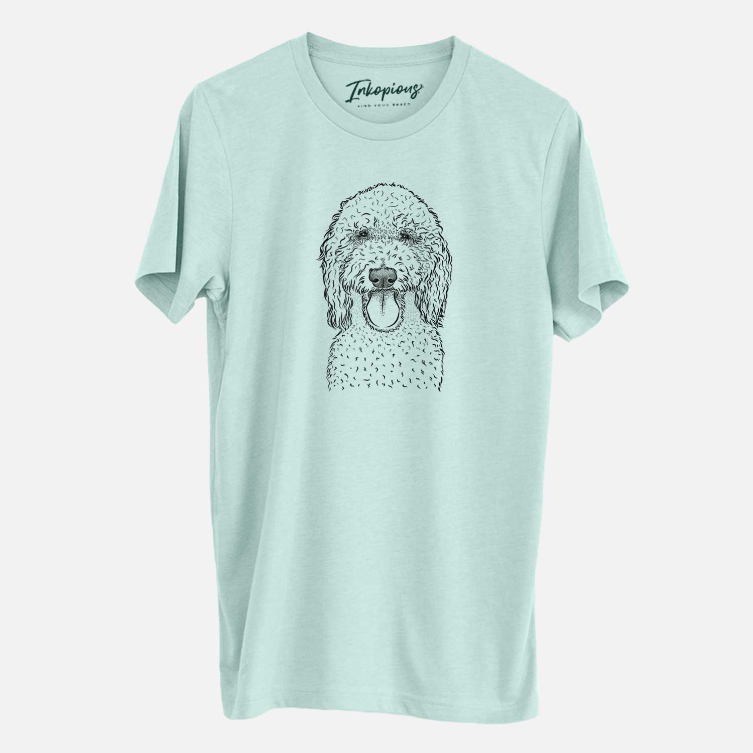 Hand-drawn sketch of Pavlov the Goldendoodle on a Heather Sage Unisex crewneck