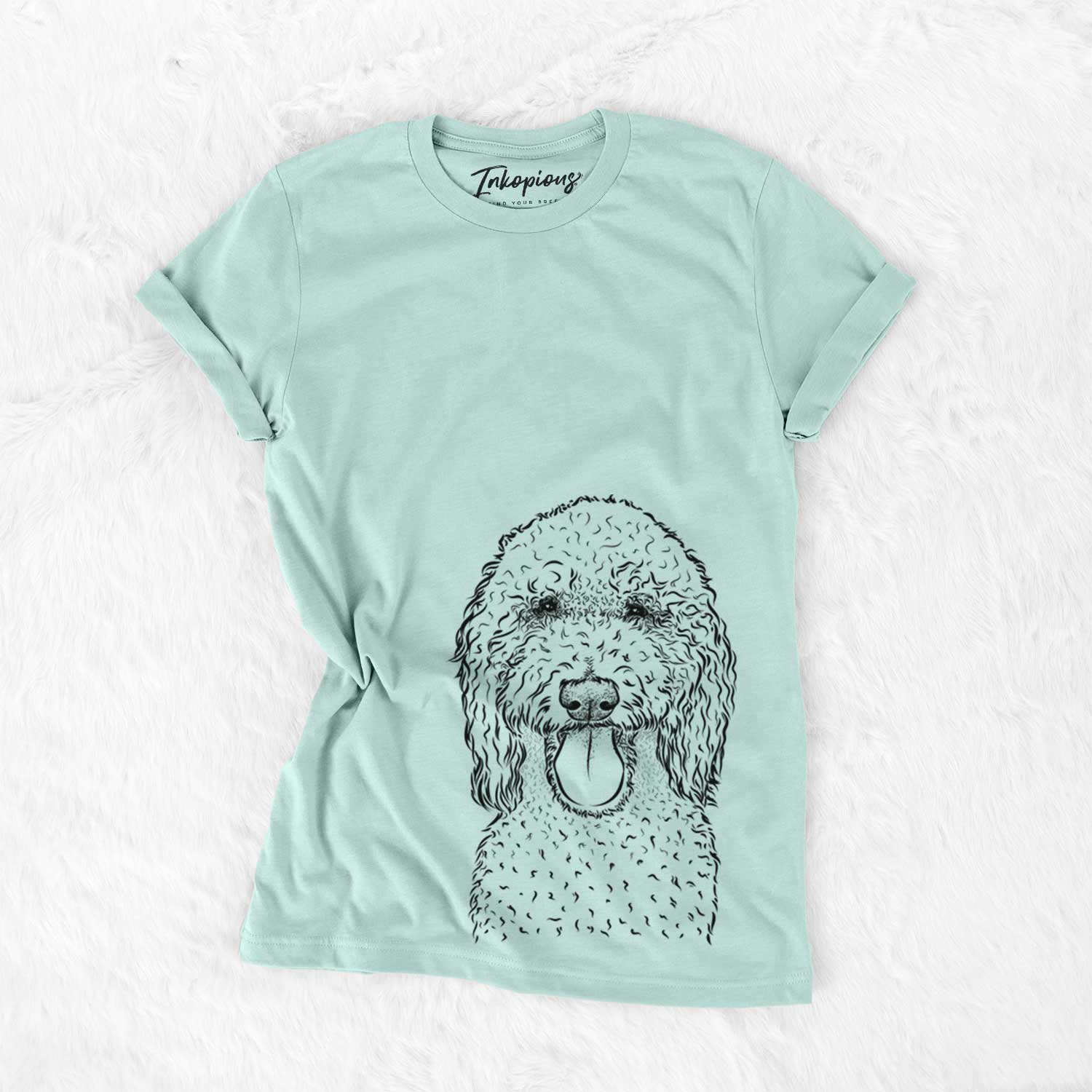Hand-drawn sketch of Pavlov the Goldendoodle on a Heather Sage Bella Canvas Unisex Crewneck