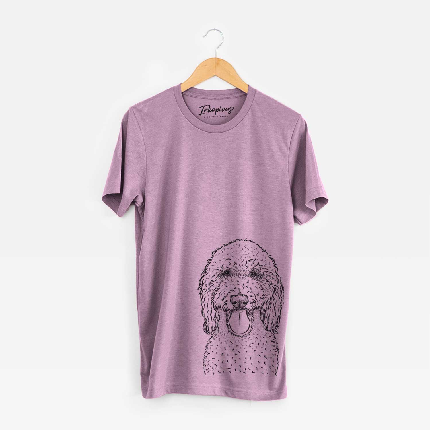 Hand-drawn sketch of Pavlov the Goldendoodle on an Orchid Bella Canvas Unisex Crewneck