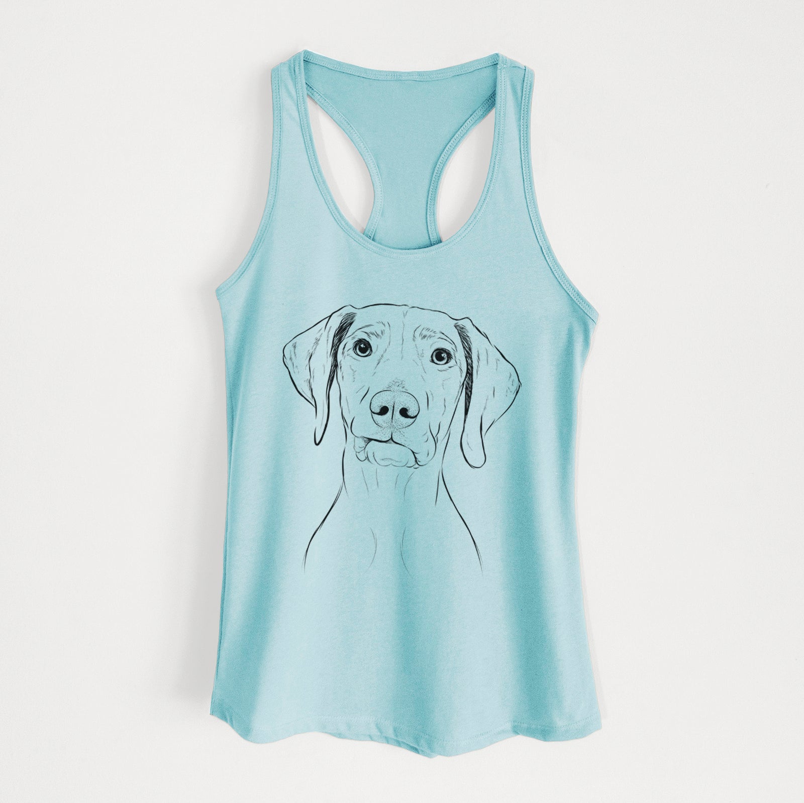 Hand-drawn sketch of Pawley the Vizsla on a Cancun Blue Women's racerback tanktop