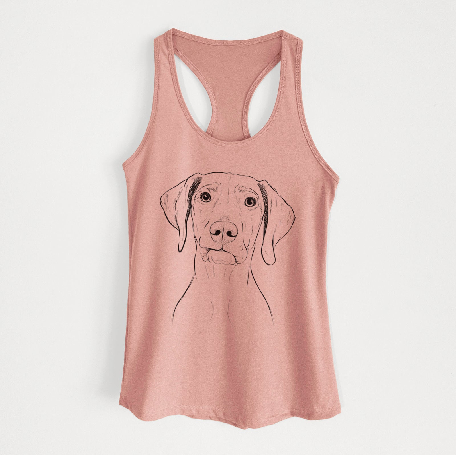 Hand-drawn sketch of Pawley the Vizsla on a Desert Pink Women's racerback tanktop