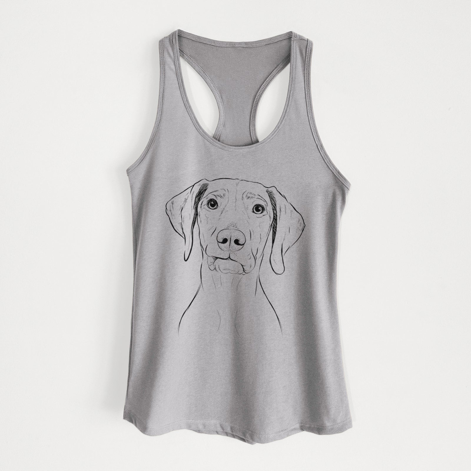 Hand-drawn sketch of Pawley the Vizsla on a Heather Grey Women's racerback tanktop