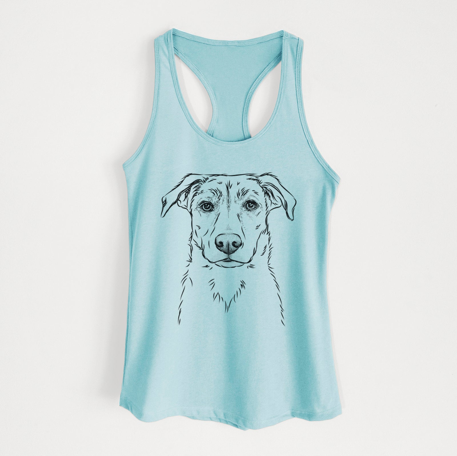 Hand-drawn sketch of Peanut the Lab Mix on a Cancun Blue Women's racerback tanktop