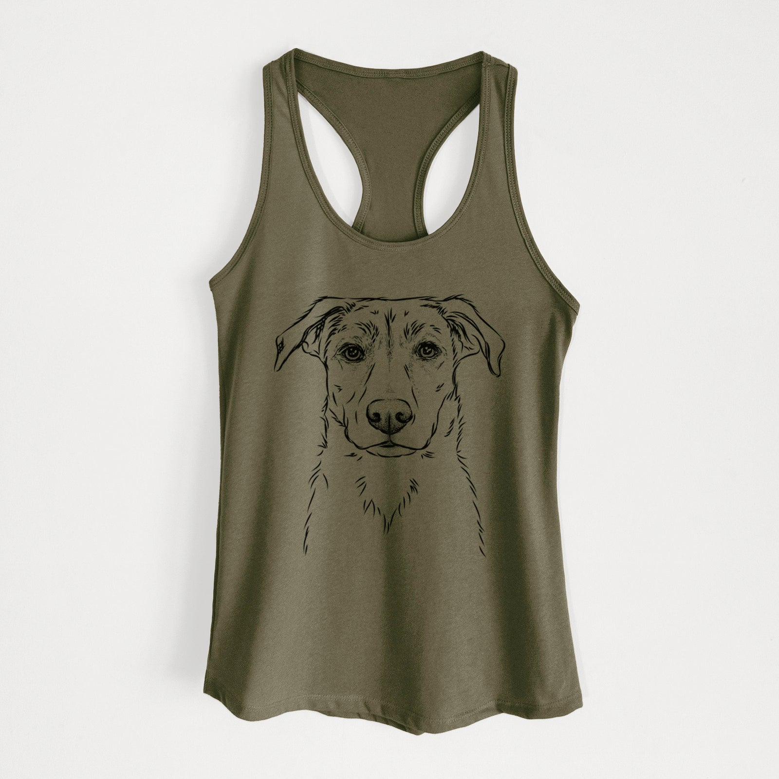 Hand-drawn sketch of Peanut the Lab Mix on a Military Green Women's racerback tanktop