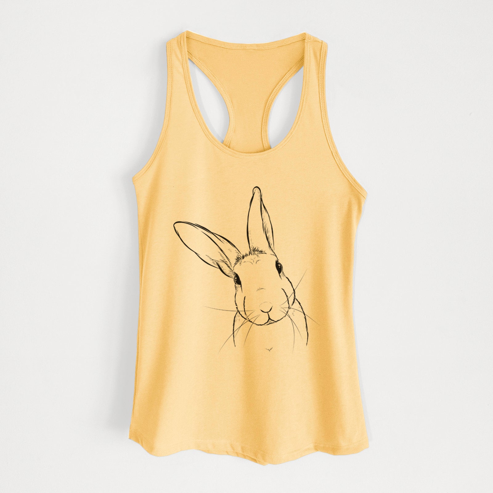 Hand-drawn sketch of Penny the Belgian Hare on a Banana Cream Women's racerback tanktop