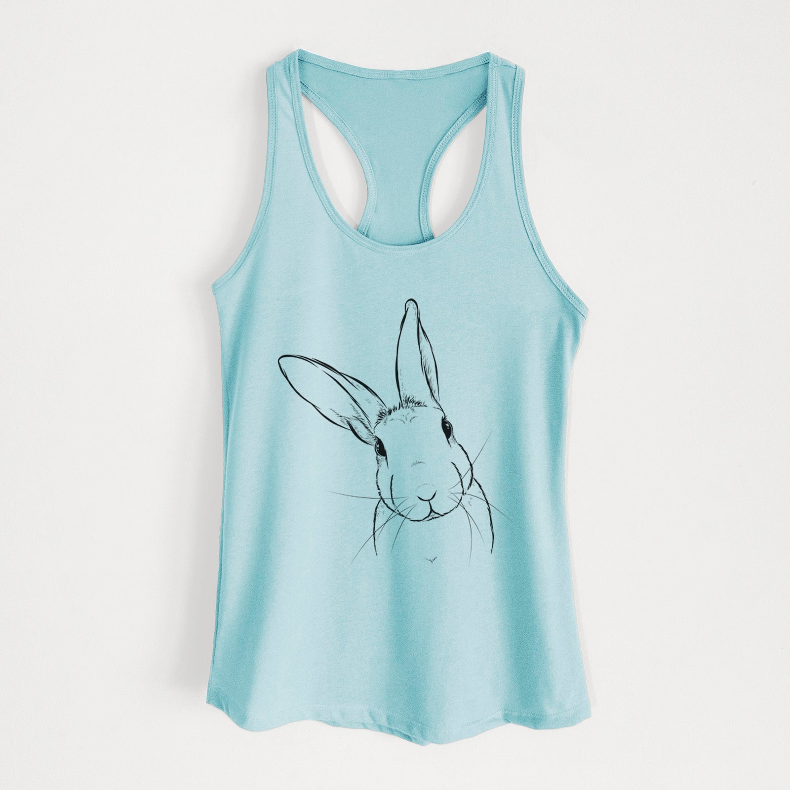 Hand-drawn sketch of Penny the Belgian Hare on a Cancun Blue Women's racerback tanktop