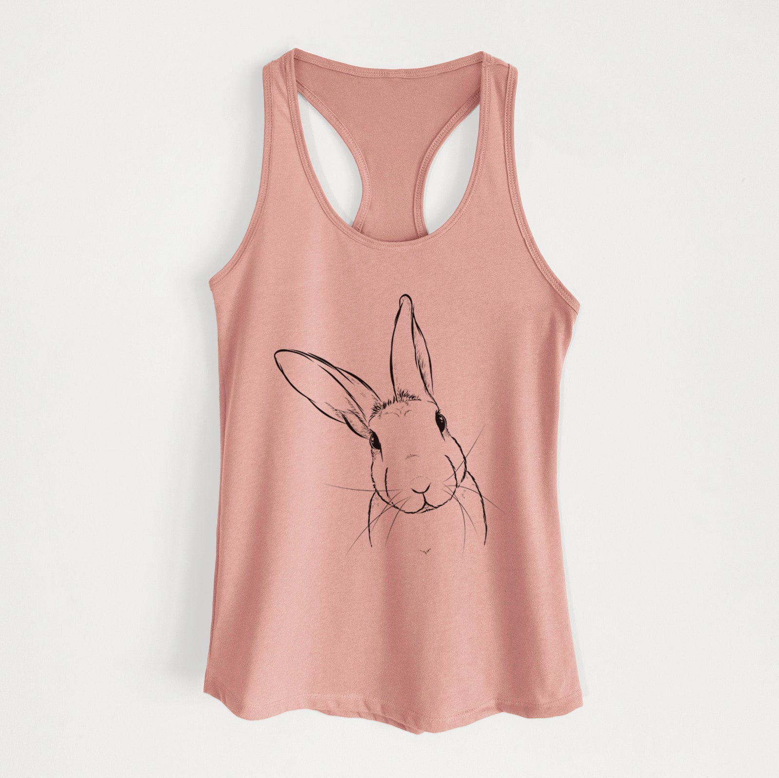 Hand-drawn sketch of Penny the Belgian Hare on a Desert Pink Women's racerback tanktop