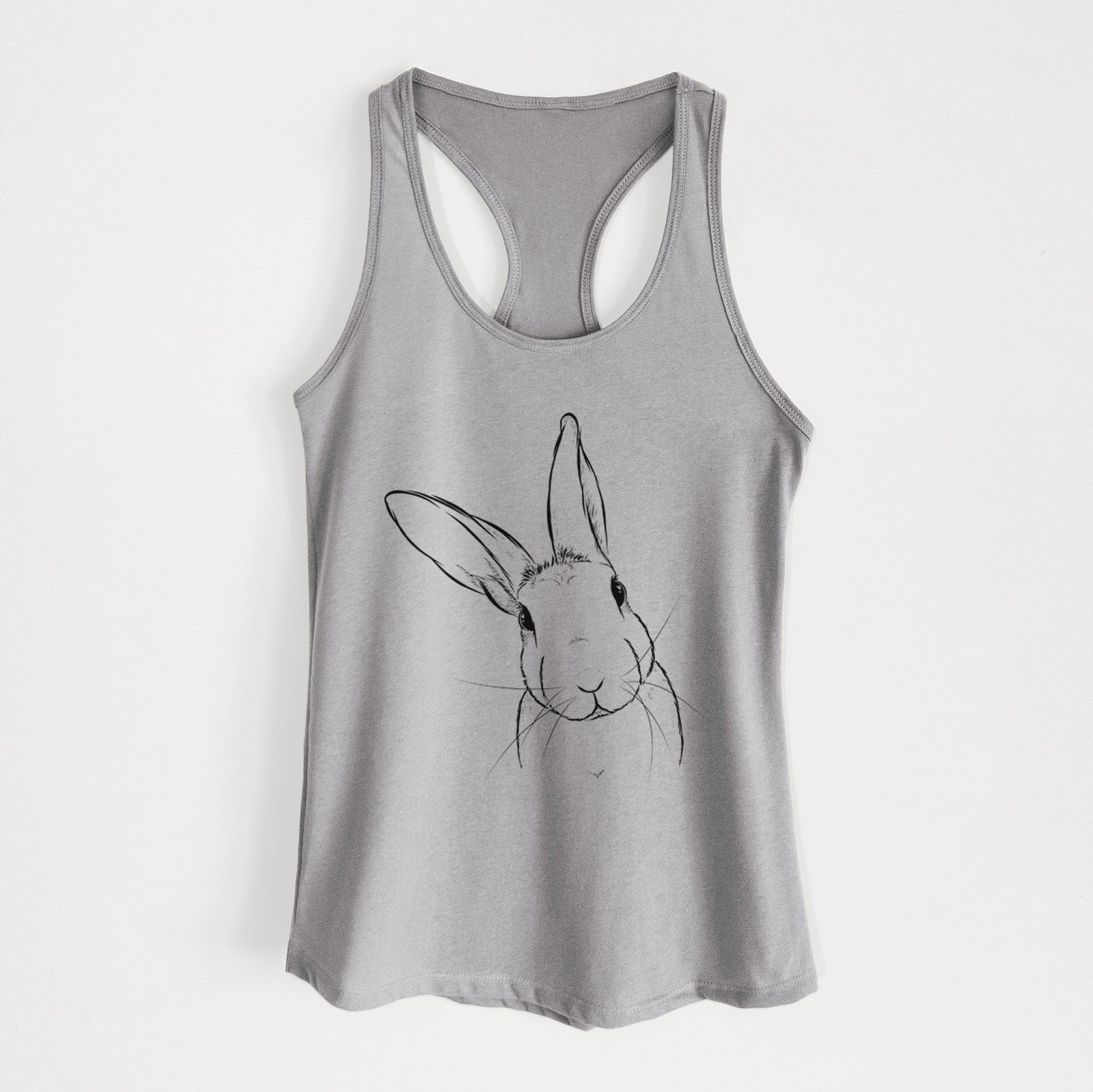 Hand-drawn sketch of Penny the Belgian Hare on a Heather Grey Women's racerback tanktop