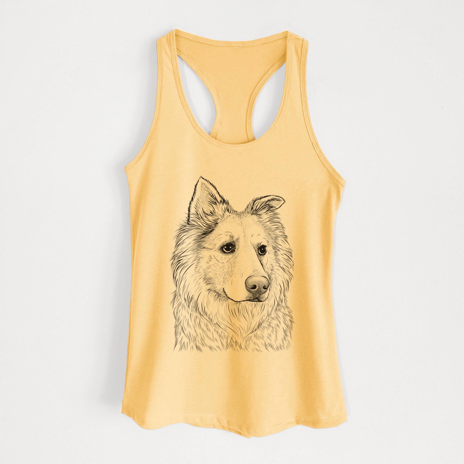 Hand-drawn sketch of Penny the Chow Mix on a Banana Cream Women's racerback tanktop