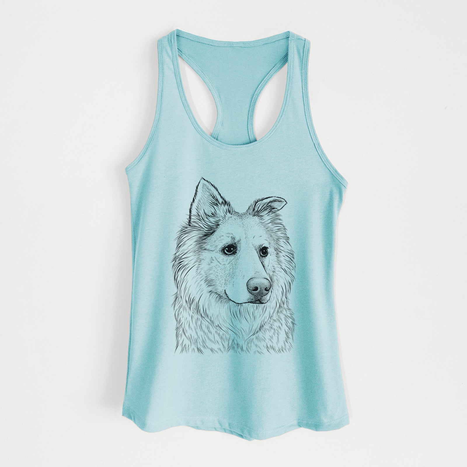 Hand-drawn sketch of Penny the Chow Mix on a Cancun Blue Women's racerback tanktop