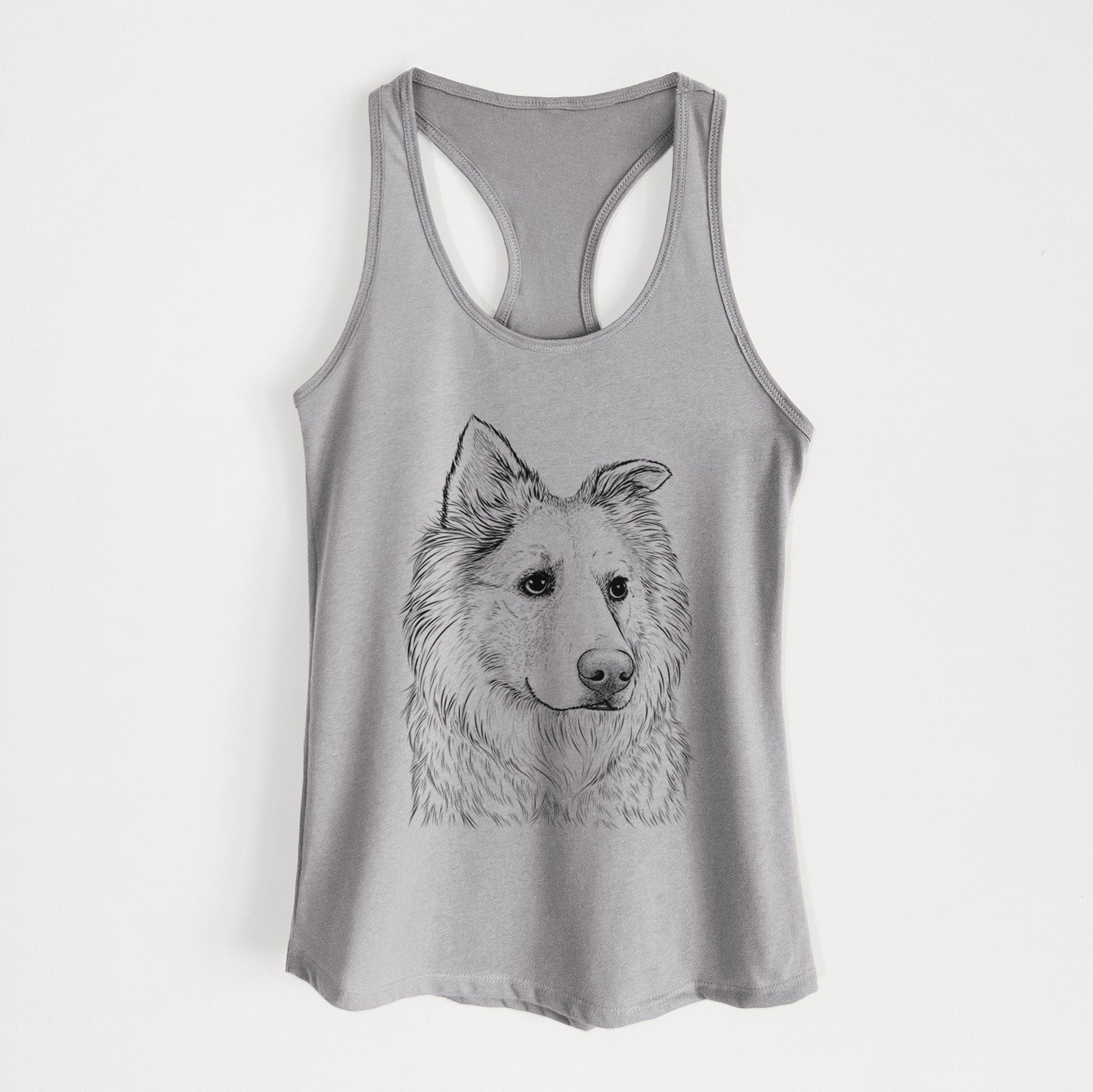 Hand-drawn sketch of Penny the Chow Mix on a Heather Grey Women's racerback tanktop