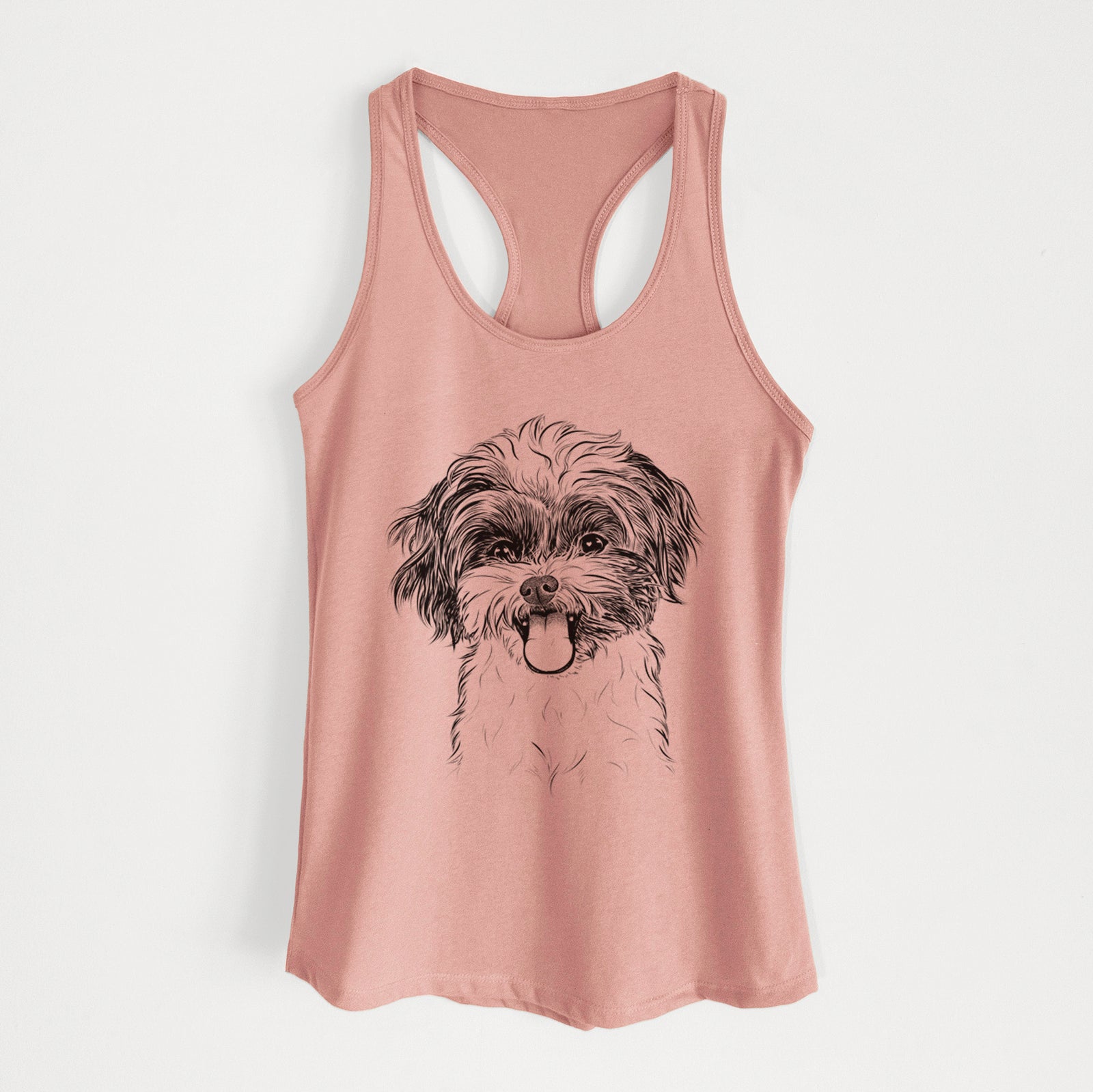 Hand-drawn sketch of Pepper the Shihpoo on a Desert Pink Women's racerback tanktop