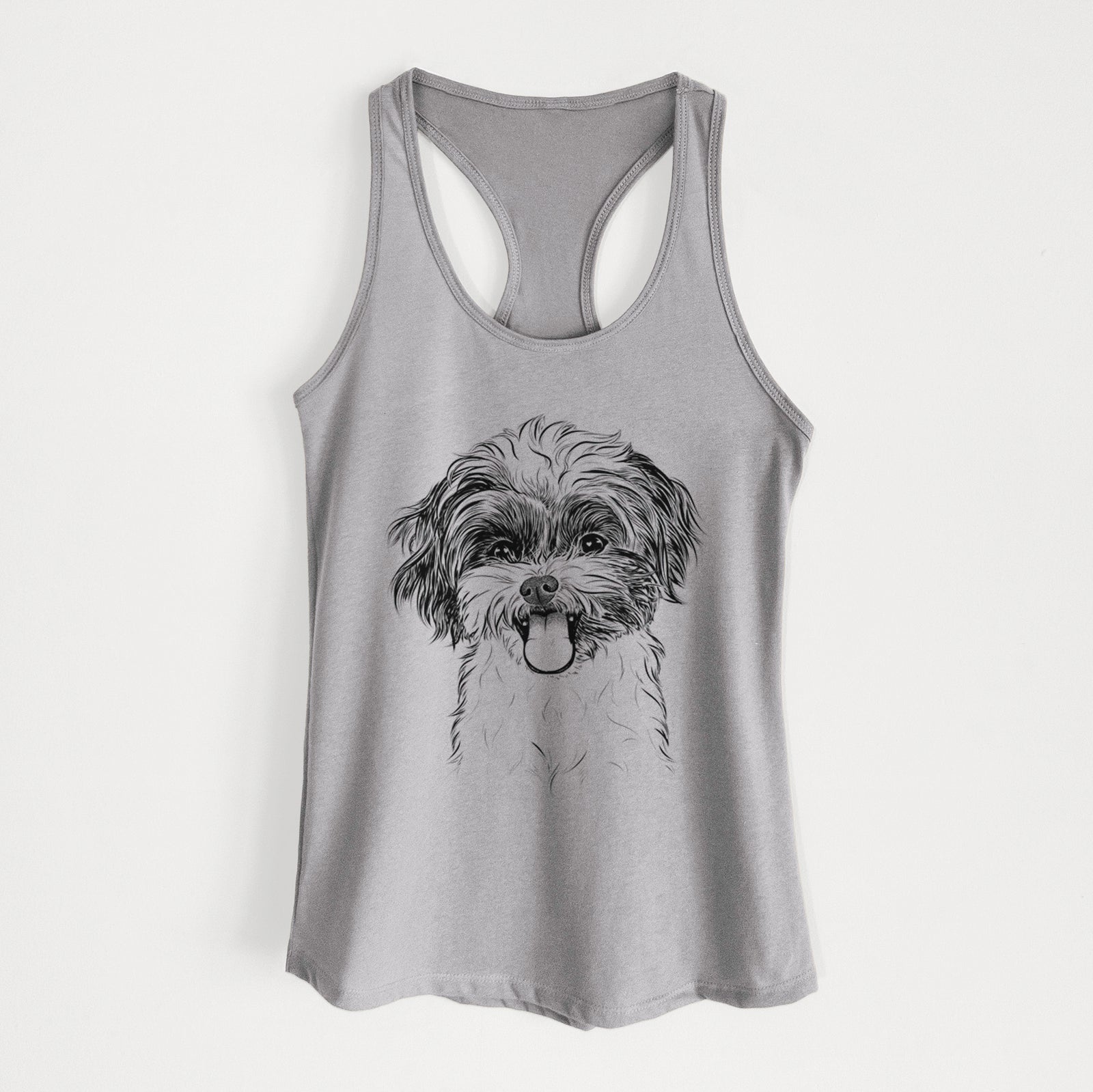 Hand-drawn sketch of Pepper the Shihpoo on a Heather Grey Women's racerback tanktop