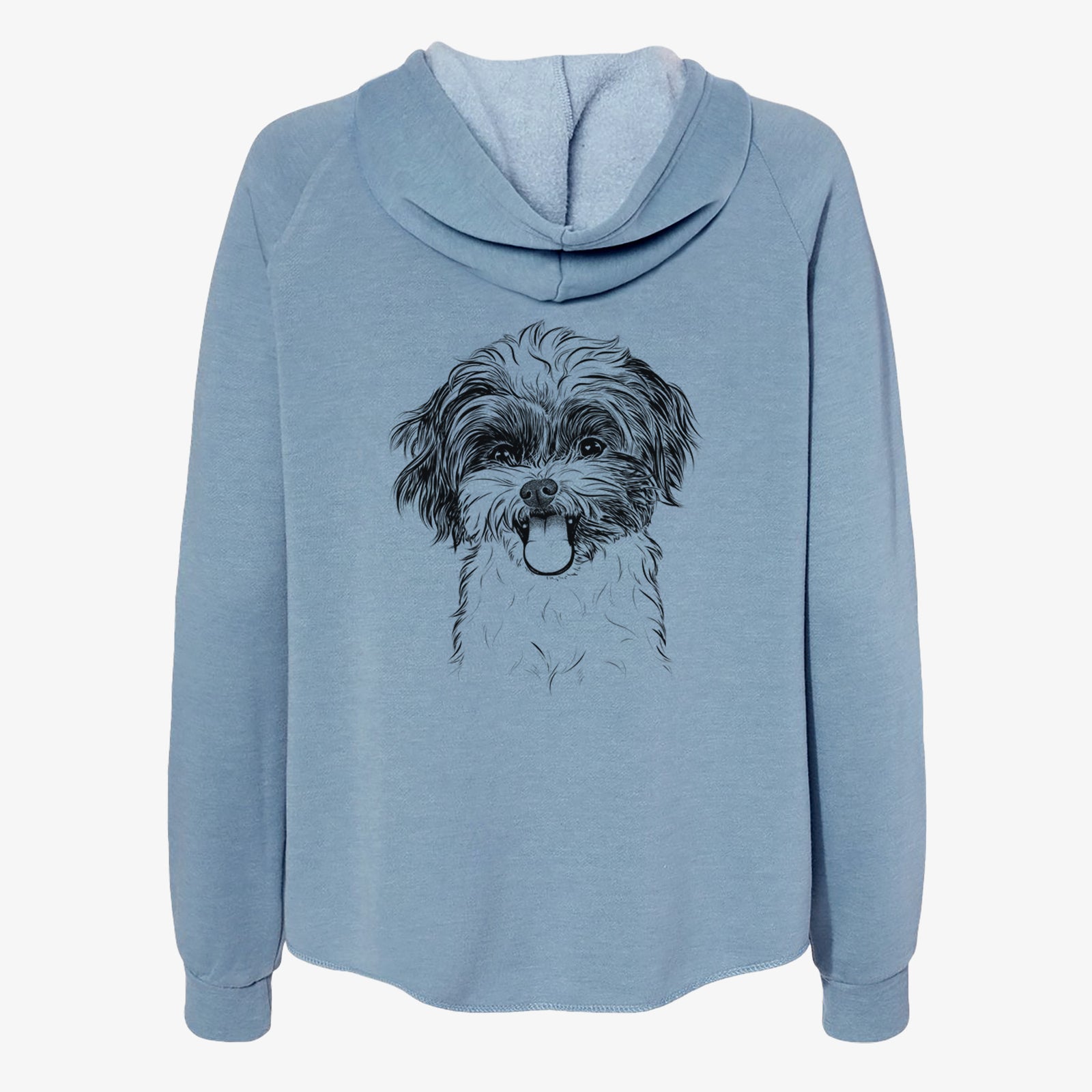 Hand-drawn sketch of Pepper the Shihpoo on a Misty Blue Women's cali wave zip-up sweatshirt