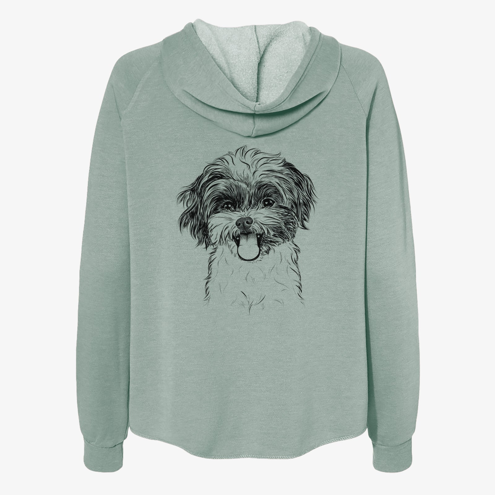 Hand-drawn sketch of Pepper the Shihpoo on a Sage Women's cali wave zip-up sweatshirt