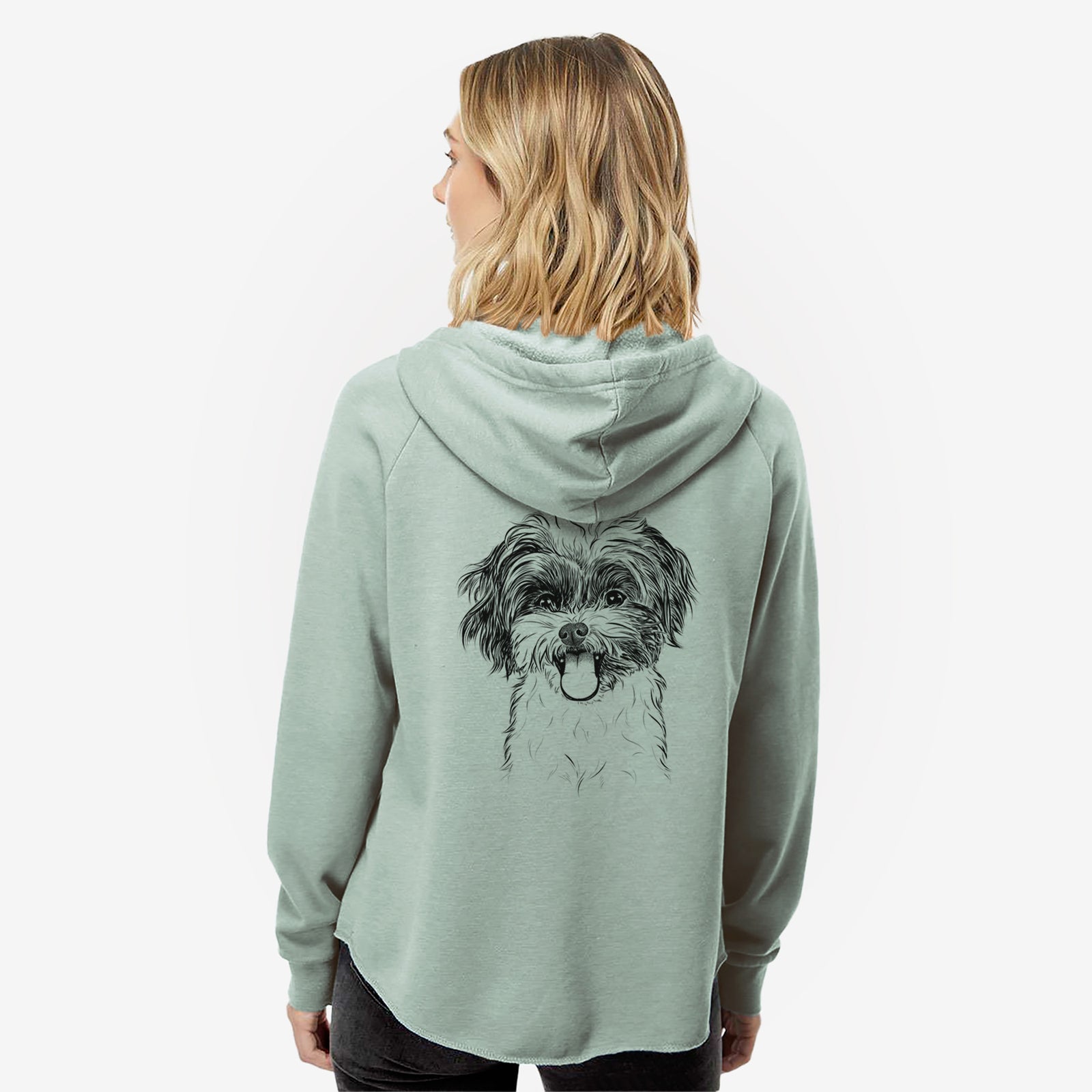 Hand-drawn sketch of Pepper the Shihpoo on a Sage Women's cali wave zip-up sweatshirt