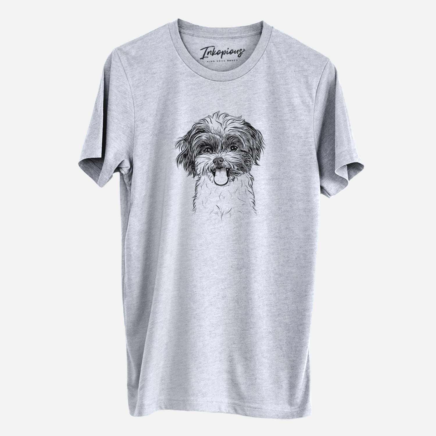 Hand-drawn sketch of Pepper the Shihpoo on a Grey Unisex crewneck