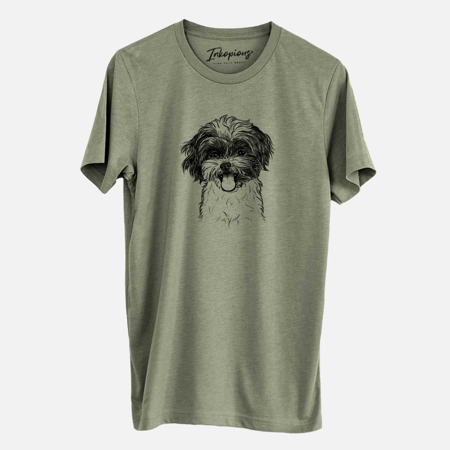 Hand-drawn sketch of Pepper the Shihpoo on an Olive Unisex crewneck