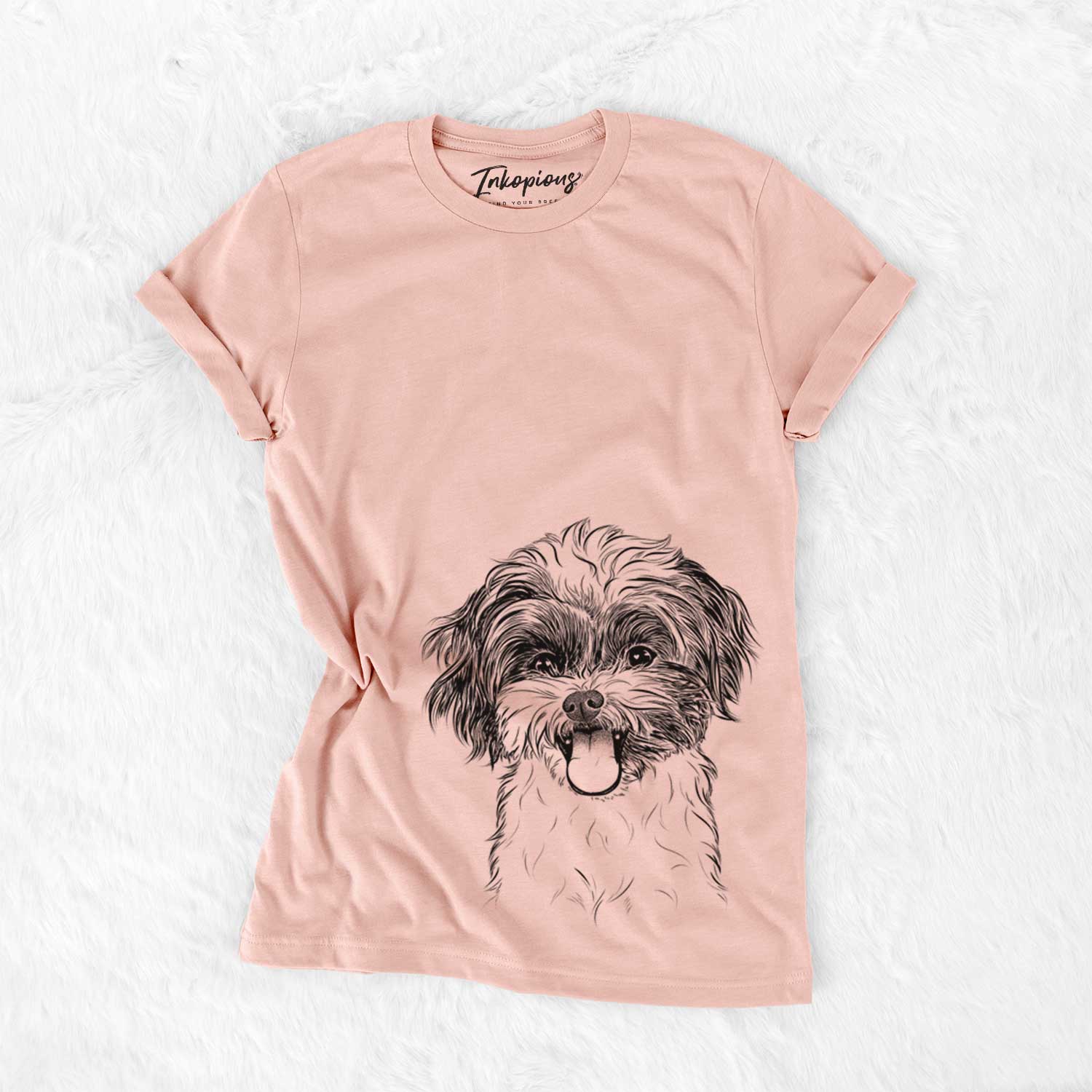 Hand-drawn sketch of Pepper the Shihpoo on a Peach Bella Canvas Unisex Crewneck