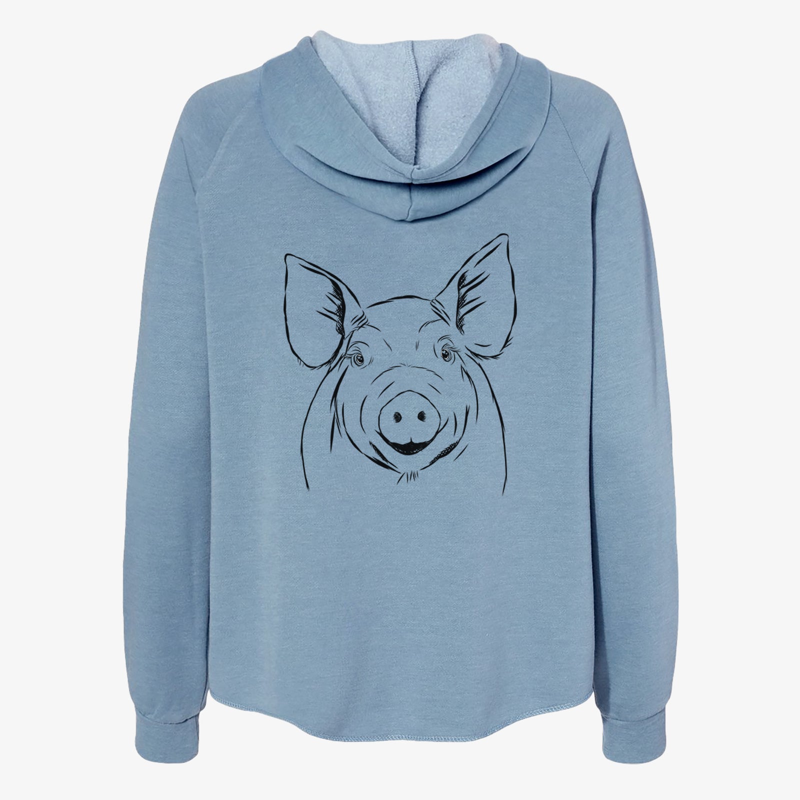 Hand-drawn sketch of Perry the Pig on a Misty Blue Women's cali wave zip-up sweatshirt