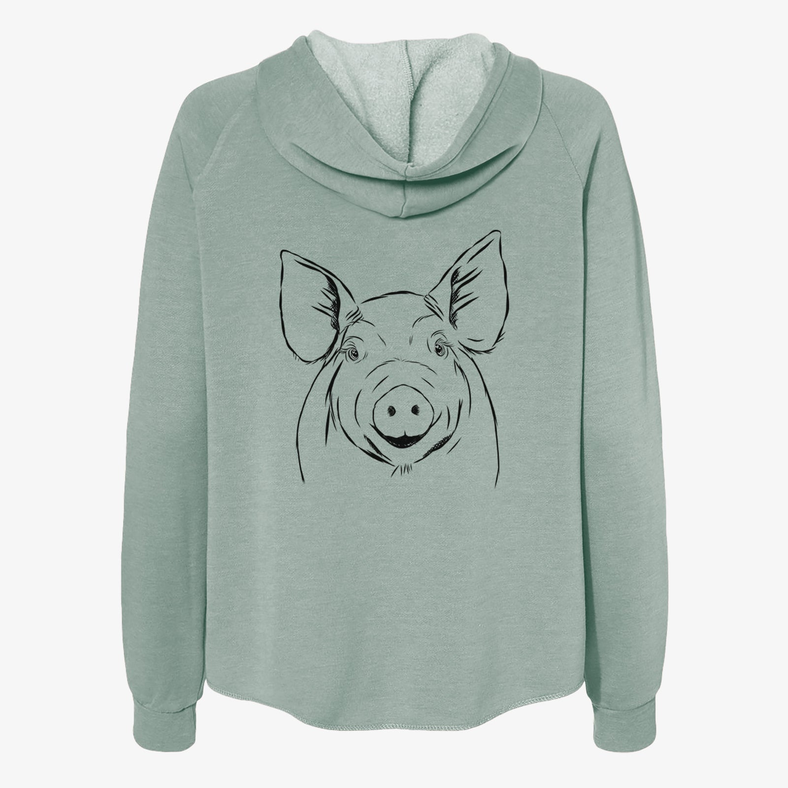 Hand-drawn sketch of Perry the Pig on a Sage Women's cali wave zip-up sweatshirt