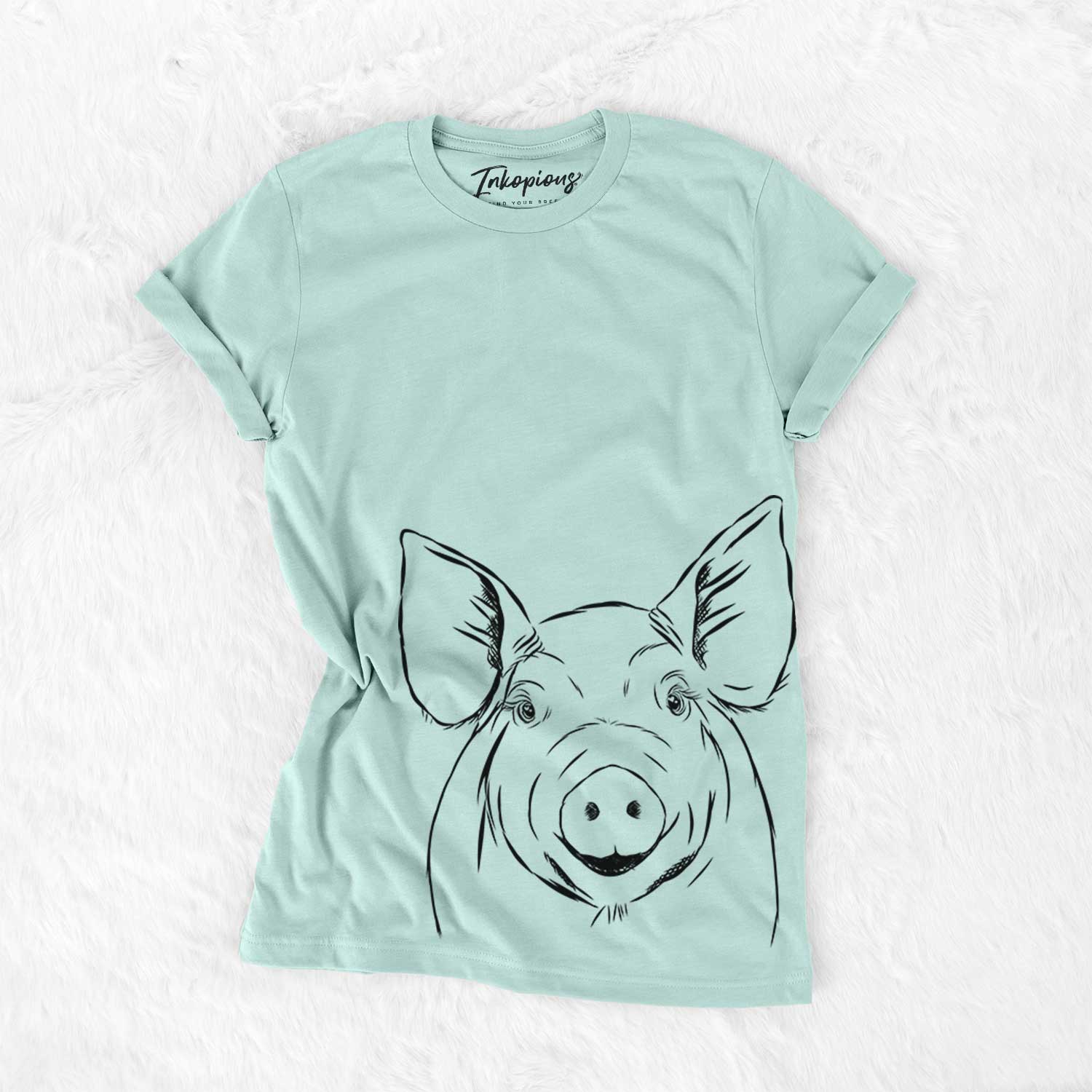Hand-drawn sketch of Perry the Pig on a Heather Sage Bella Canvas Unisex Crewneck