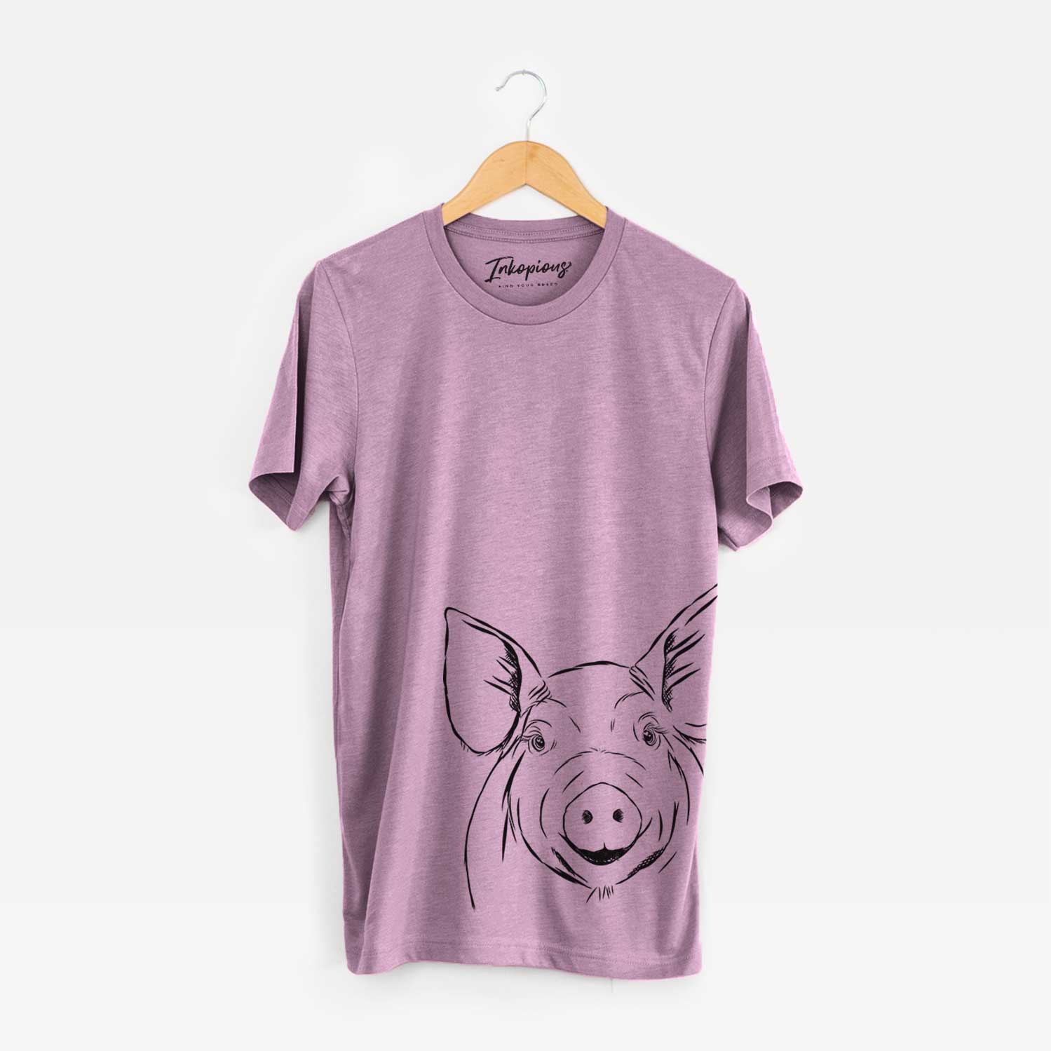 Hand-drawn sketch of Perry the Pig on an Orchid Bella Canvas Unisex Crewneck