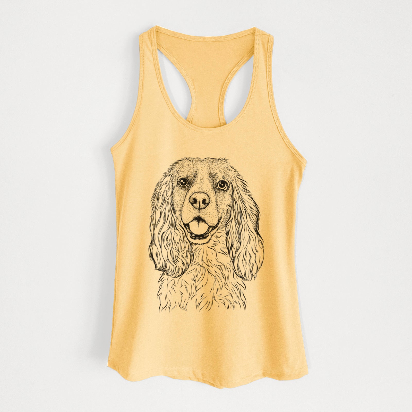 Hand-drawn sketch of Perry the Cockalier on a Banana Cream Women's racerback tanktop