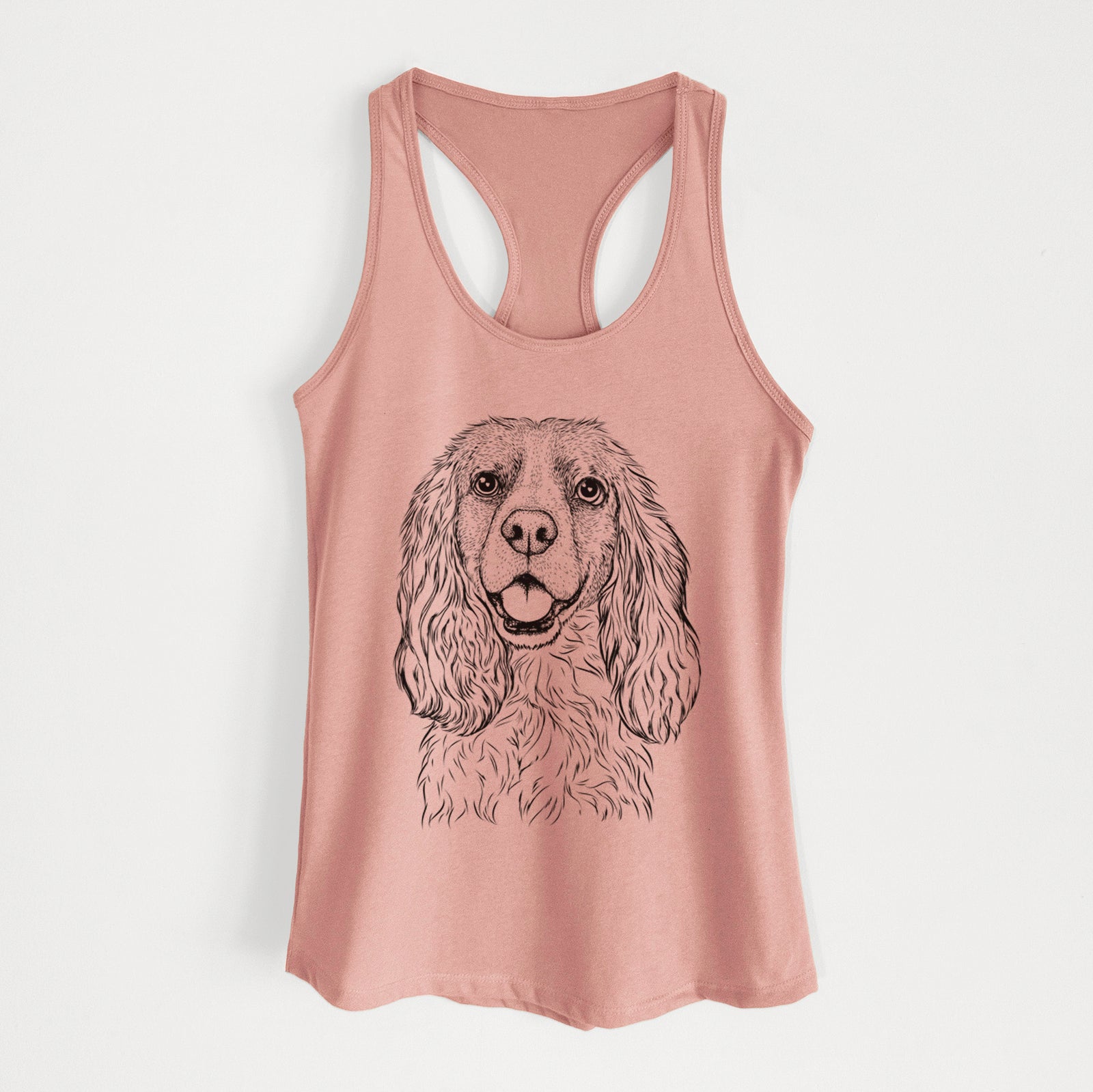 Hand-drawn sketch of Perry the Cockalier on a Desert Pink Women's racerback tanktop