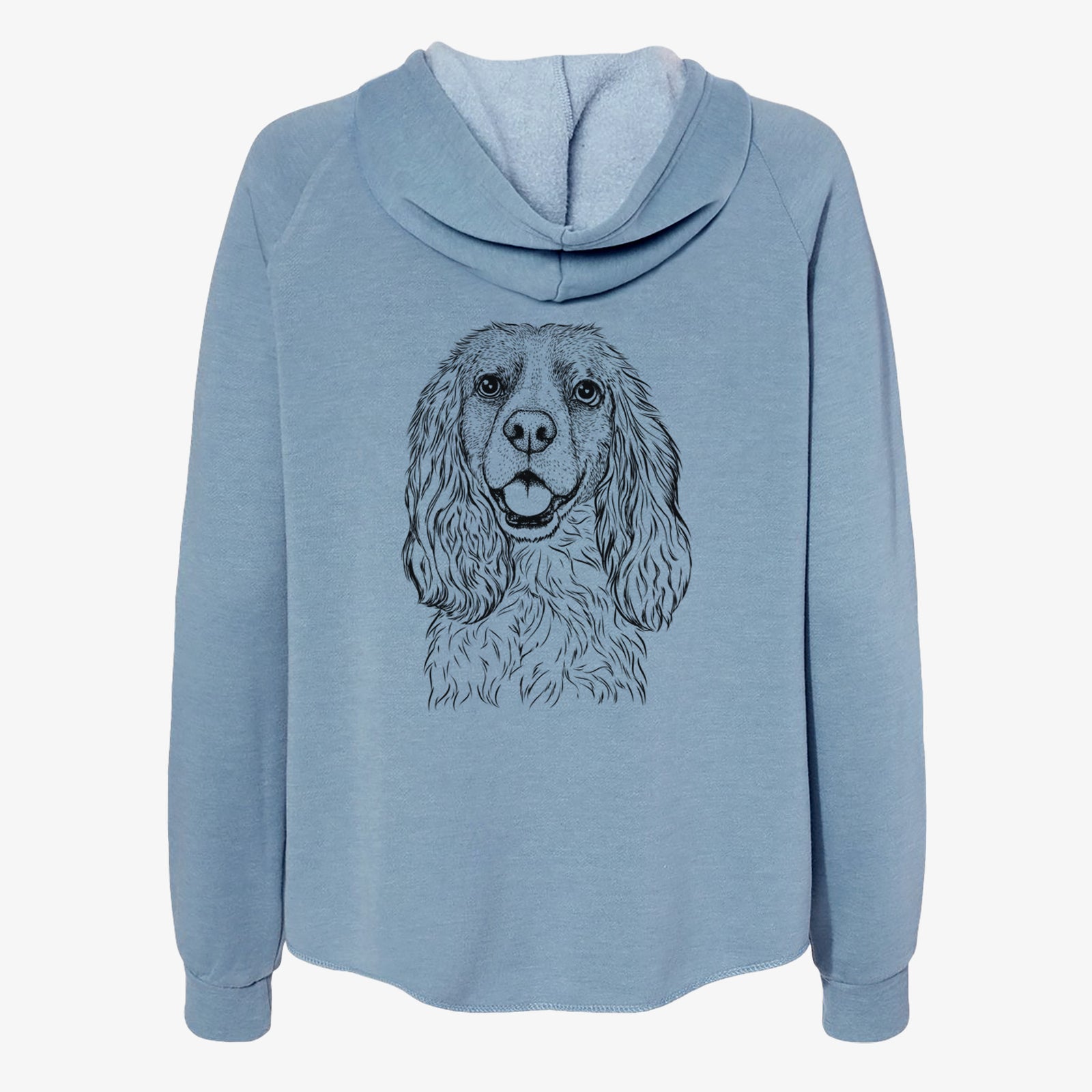 Hand-drawn sketch of Perry the Cockalier on a Misty Blue Women's cali wave zip-up sweatshirt
